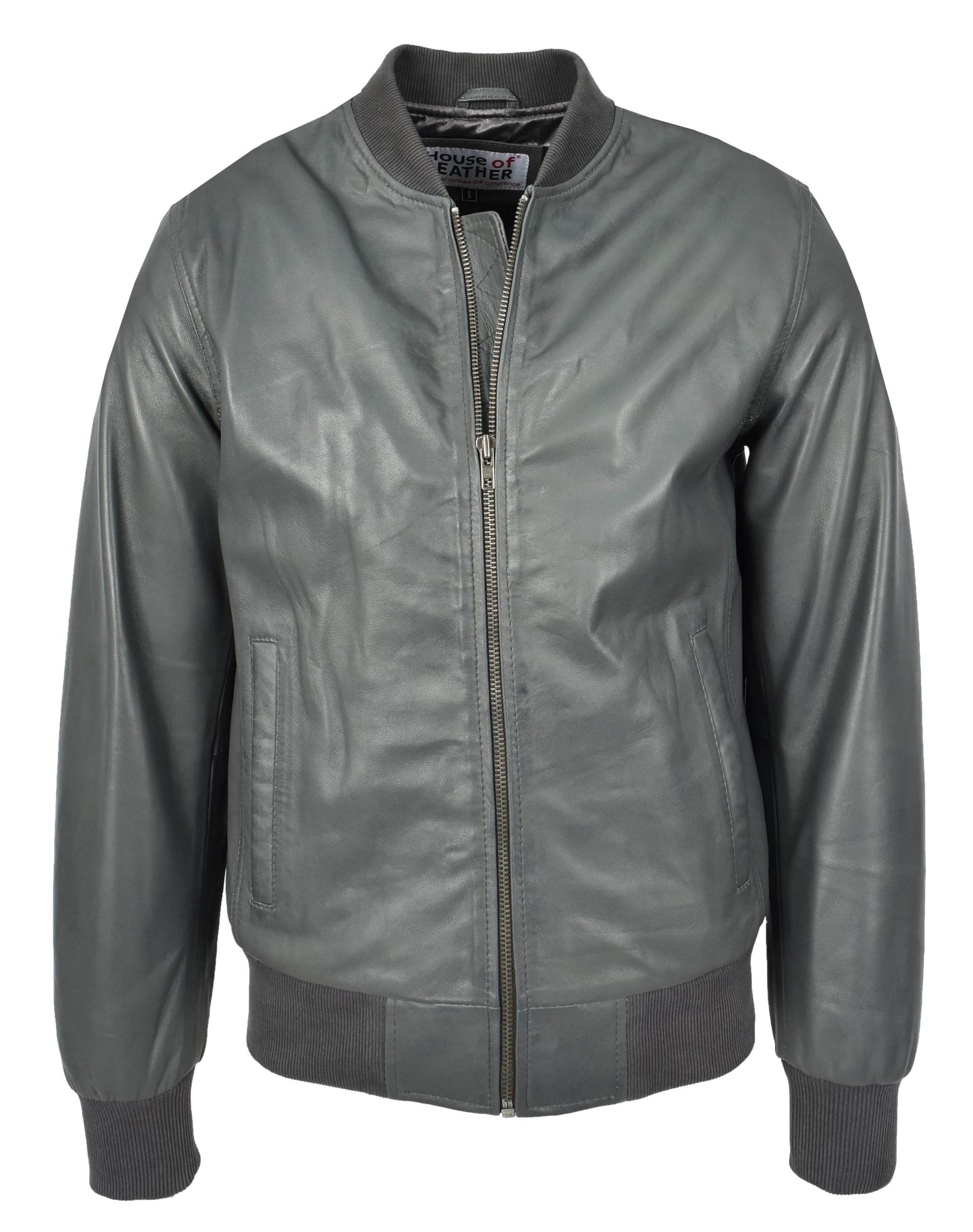 Mens Real Leather Bomber Jacket MA-1 Varsity Style Ryan (UK, Alpha, S, Regular, Regular, Grey)
