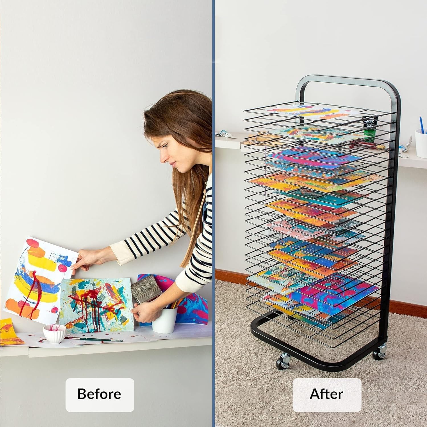 Suszarka Do Obrazów 20/30/40-Warstwowa, Metalowa, Czarna, Z Powłoką, Do Suszenia Obrazów, Stojak Do Przechowywania Obrazów Z Kółkami Obracającymi Się O 360 Stopni, Do Suszenia Obrazów Olejnych W Domu