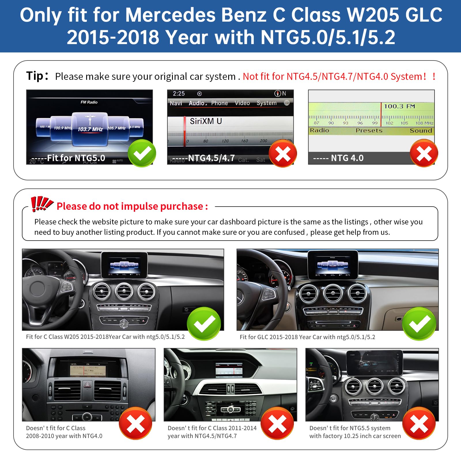 Road Top 12.3 Inch Car Touchscreen Wireless CarPlay Android Auto for Mercedes Benz C GLC Class W205 2015-2018 Year with NTG5.0, Car Stereo Multimedia Radio Receiver