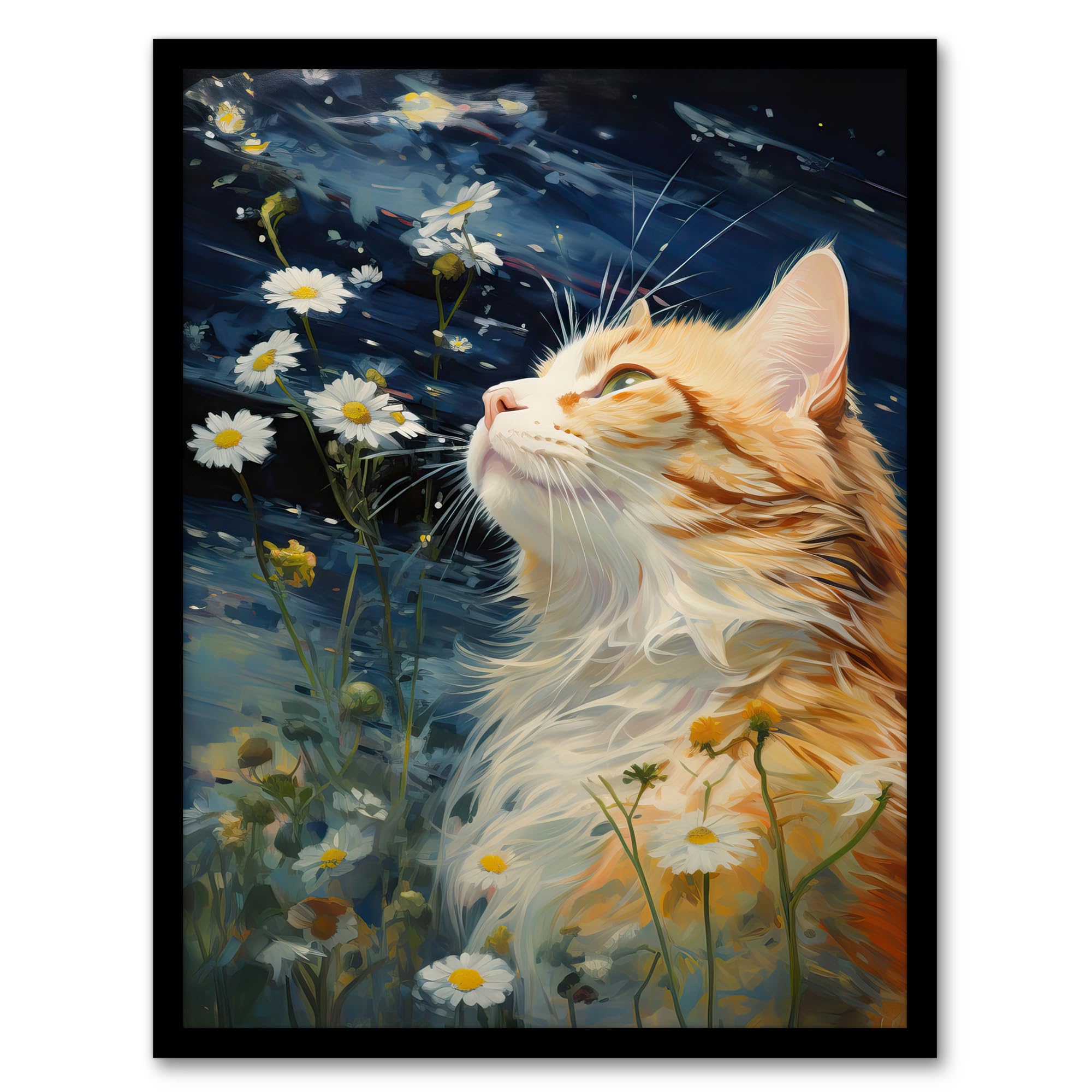 Artery8 Moonlit Cat In Daisy Meadow Norwegian Forest Cat Oil Painting Artwork Framed Wall Art Print 18X24 Inch