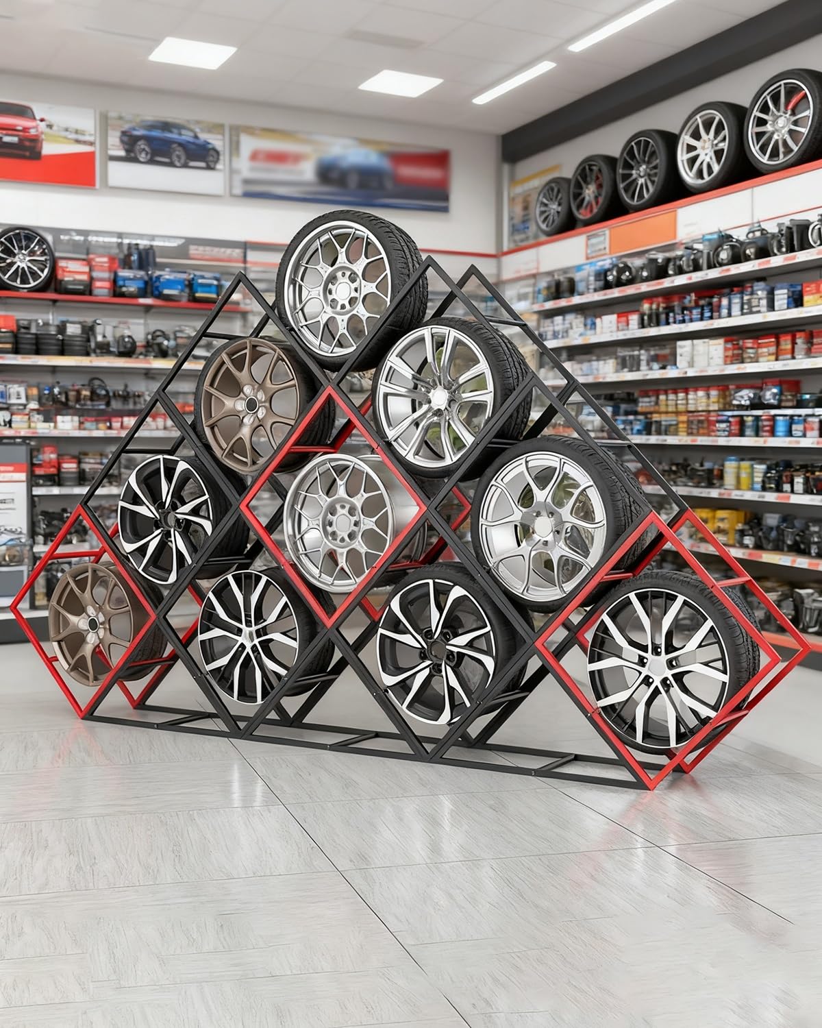 Stojak ekspozycyjny na obręcz opon o dużej wytrzymałości, organizer do garażu sklepowego, wolnostojące półki na opony DIY, mieści wiele felg opon