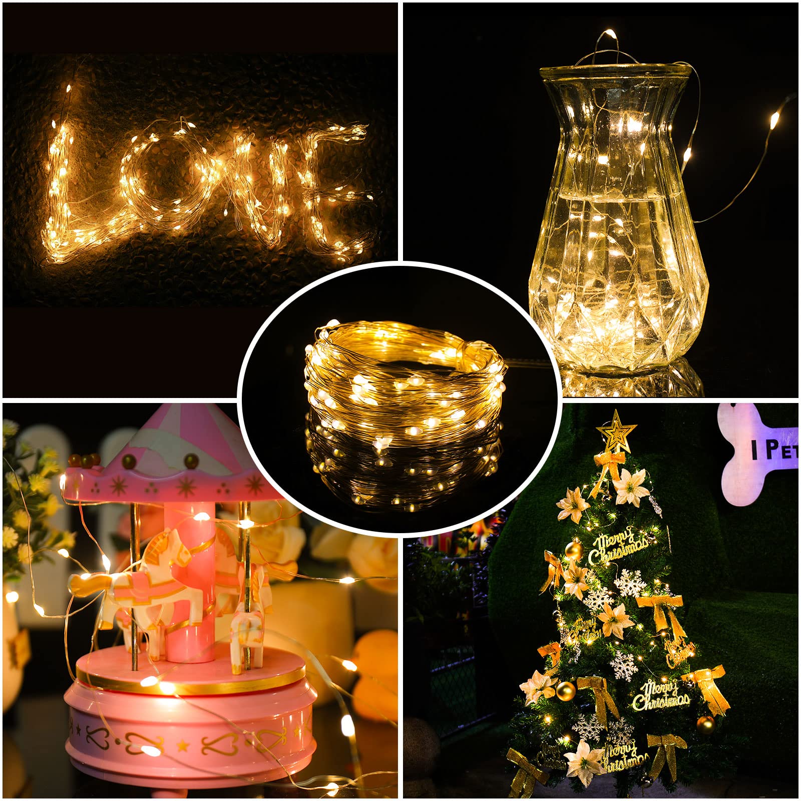 Guirlande lumineuse de Noël Mandiq 100 LED de 10 m, alimentée par USB, 8 modes, mini lumières avec télécommande, convient pour les fêtes en intérieur, les décorations de la maison (blanc chaud)