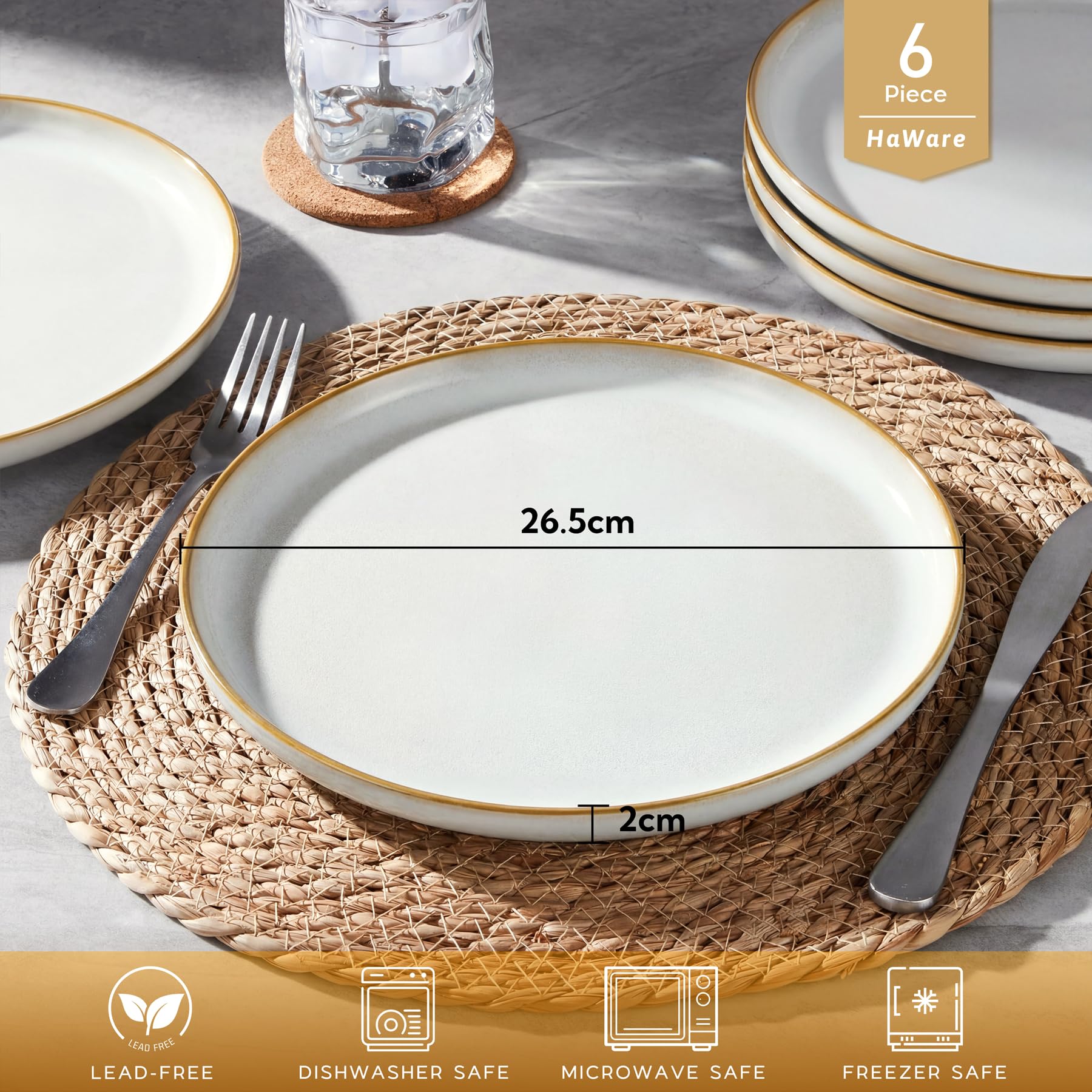 HaWare Lot de 6 grandes assiettes rondes en céramique émaillée réactive de 26,7 cm pour maison, restaurant, résistantes aux éclats et aux rayures, passent au micro-ondes et au lave-vaisselle, blanc