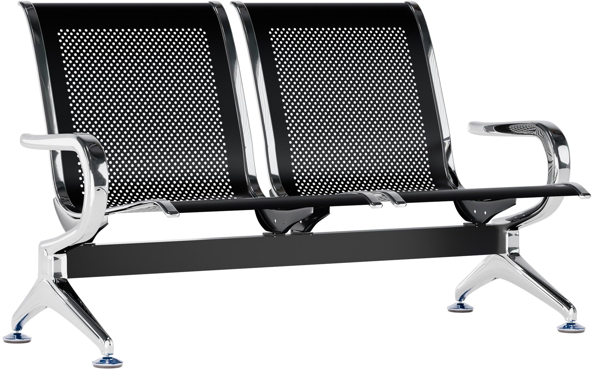 CLP Panca d'attesa per aeroporti, panca con struttura in metallo in look cromato, robuste sedie d'attesa con schienale e braccioli, Colore:nero, Dimensione:2 posti