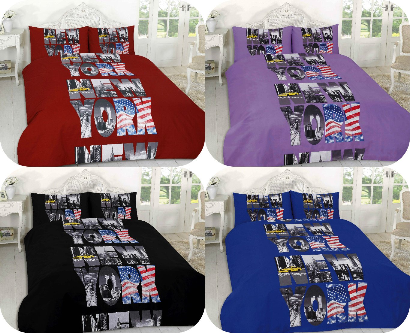NIGHTZONE NEW Luxury 3pc DUVET QUILT Cover Set ~ NEW YORK NEW YORK ~ Printed POLYCOTTON ~ Black, Blue, Purple, Red ~ UK SIZES (KING, NEW YORK- Purple)
