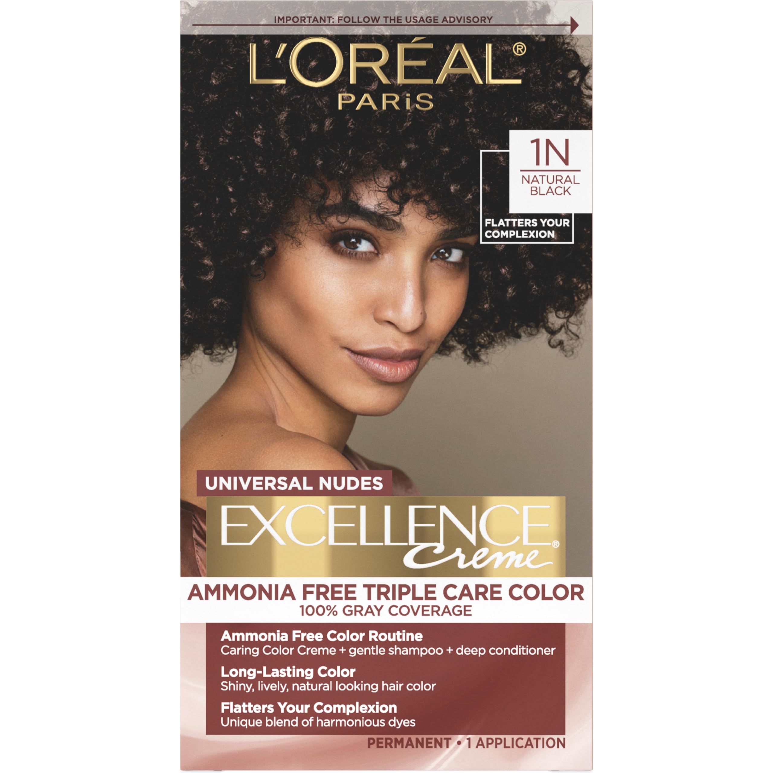 L’Oreal Paris Excellence Universal Nudes Permanent Hair Color, Ammonia Free Hair Dye for Gray Hair Coverage, 1N Natural Black, 1 Hair Dye Kit