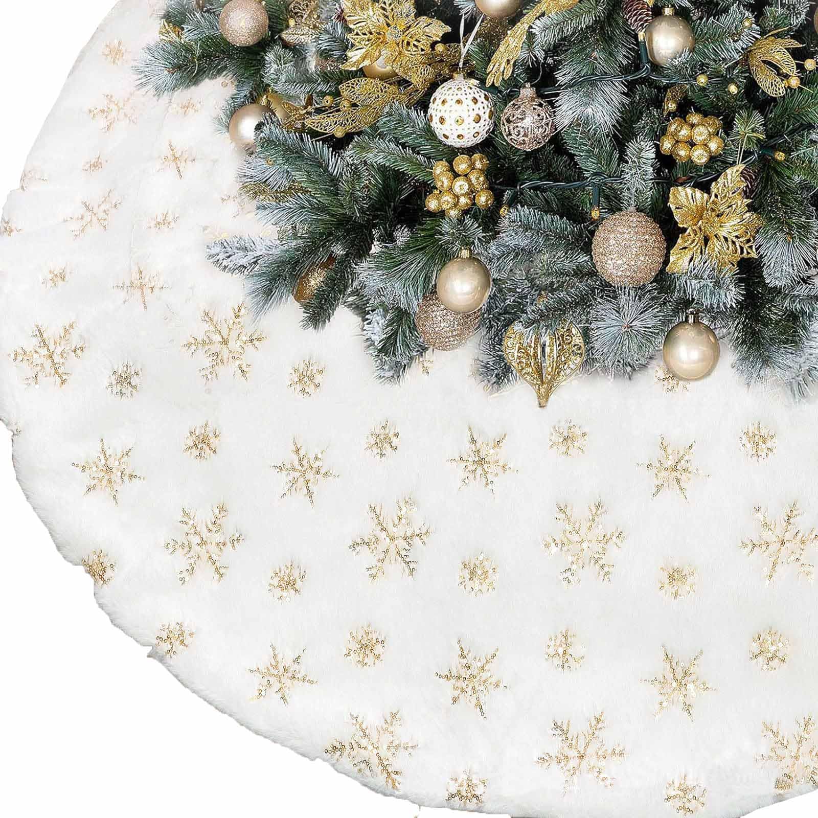 Manta para árbol de Navidad redonda de 90cm con copos plateados y base dorada decorativa