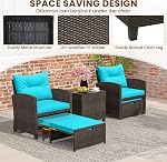 ORALNER 5 Pieces Patio Furniture Set with Ottoman, Wicker Conversation Set w/Cushions, Glass Coffee Table, Outdoor Lounger Rattan Chairs Bistro Set for Porch Balcony Garden Deck Poolside (Turquoise)