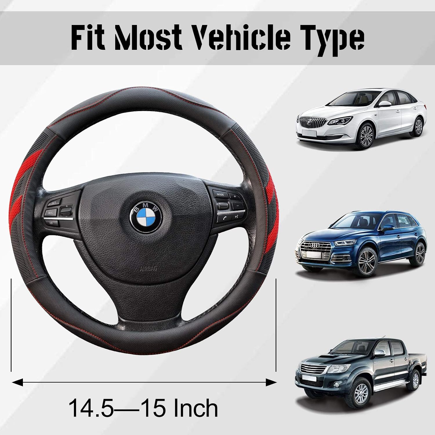 Red Steering Wheel Cover, Seniny Breathable Odorless Leather Steering Wheel Cover 14 1/2 inch to 15 inch Universal, Heat Resistant Anti-Slip Steering Wheel Accessories Suitable for Most Models of Car