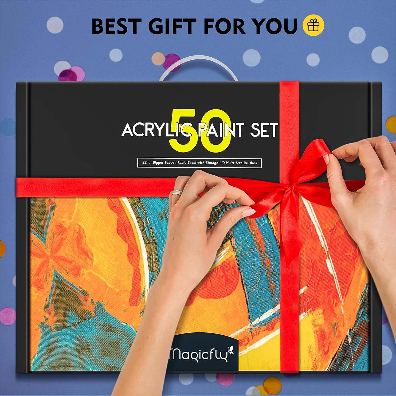 Magicfly Acrylic Painting Set with Wooden Easel Box, 24x22ml Acrylic Paint Tubes, 50 Piece Art Supplies, Acrylic Paints Set for Adults, Beginners