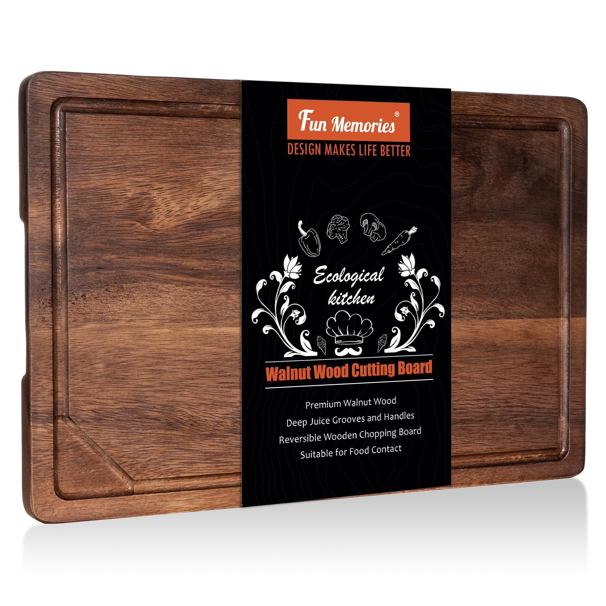 Fun Memories Tabla de cortar de nogal para cocina con asas ocultas, tabla de cortar reversible de madera con ranura para jugo, perfecta para regalo de Navidad, diario, (17 pulgadas de largo x 11