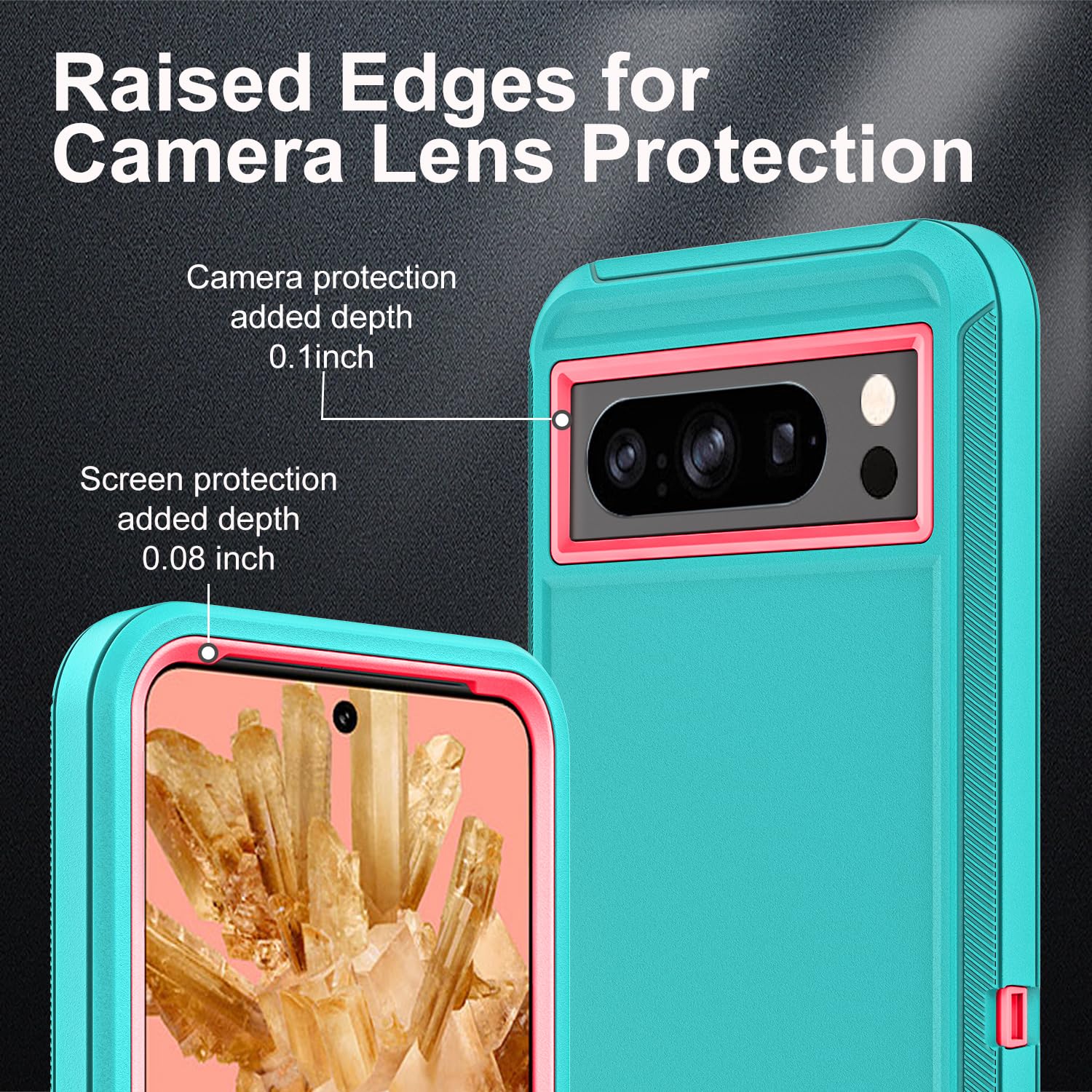 YKHJKLEC Funda para Google Pixel 8 Pro, grado militar 3 en 1, resistente a los golpes, caídas y polvo con 2 protectores de pantalla de vidrio templado (azul aguamarina/rosa)