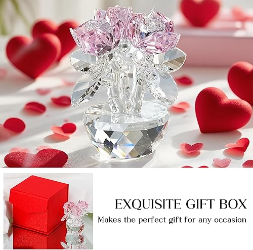 Miniatura 5 de H&D HYALINE & DORA Ramo de rosas de cristal rosa, figuritas de flores con caja de regalo