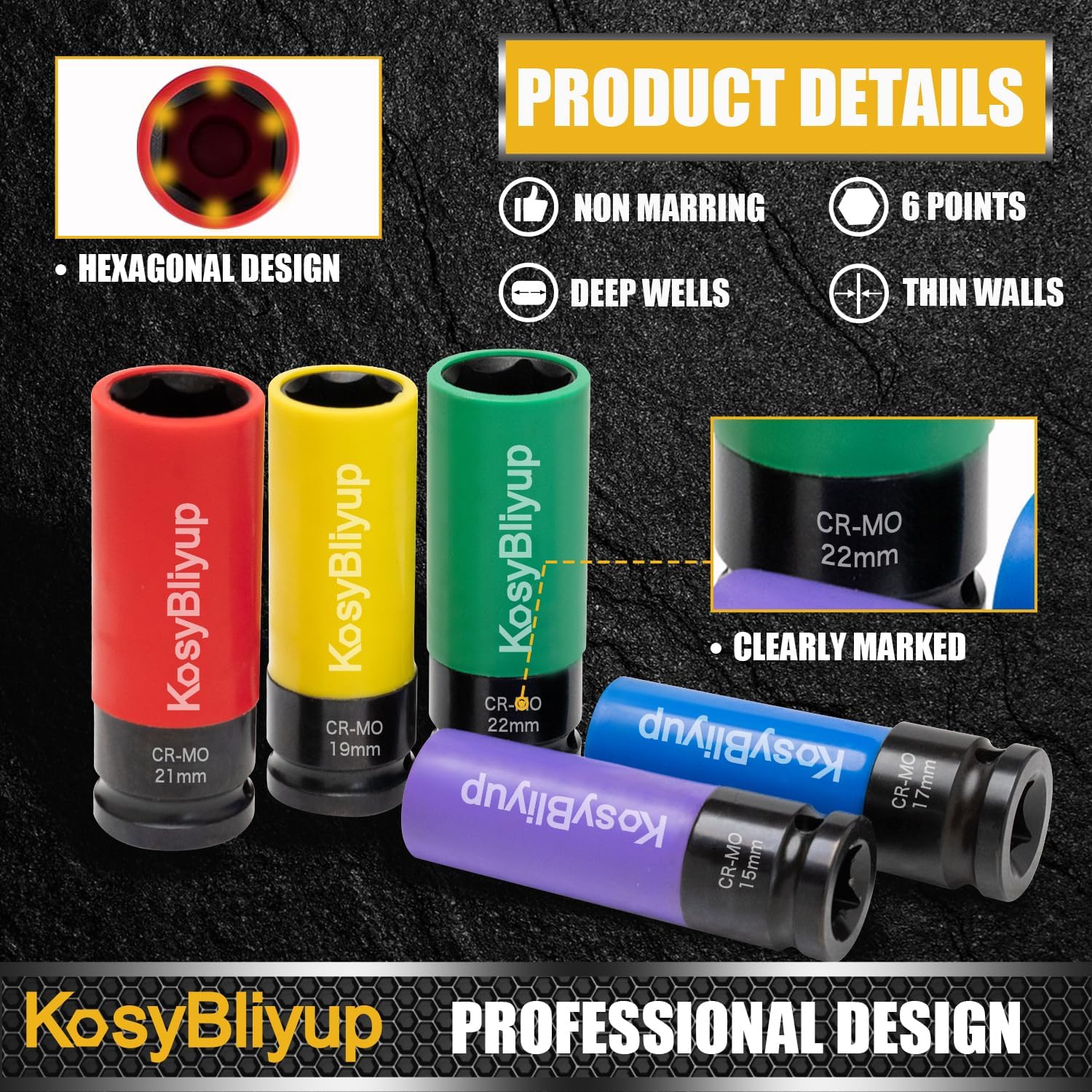 5 Pcs 1/2" Drive Impact Lug Nut Socket Set, Non-Marring Thin Wall Deep Socket Set, Metric, 15mm, 17mm, 19mm, 21mm, 22 mm, 6 Point, CR-MO, Color-Coded Wheel Protector Impact Socket Set