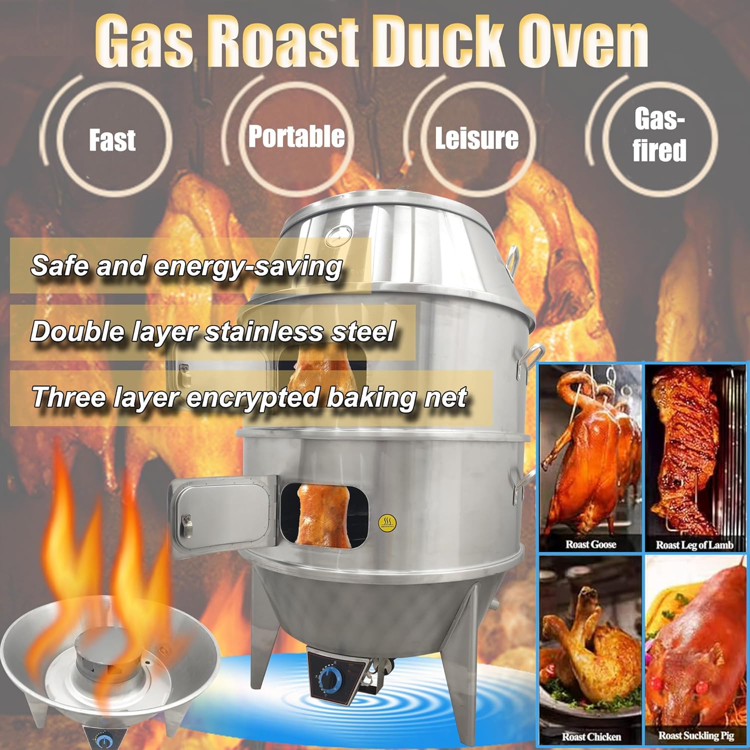 Commercial LPG Roast Duck Oven Stainless Steel Large Capacity Energy-Saving BBQ Roast Turkey Oven 140cm Height with Grill Nets, Duck Hooks, Observation Windows for Restaurants, Food Stalls