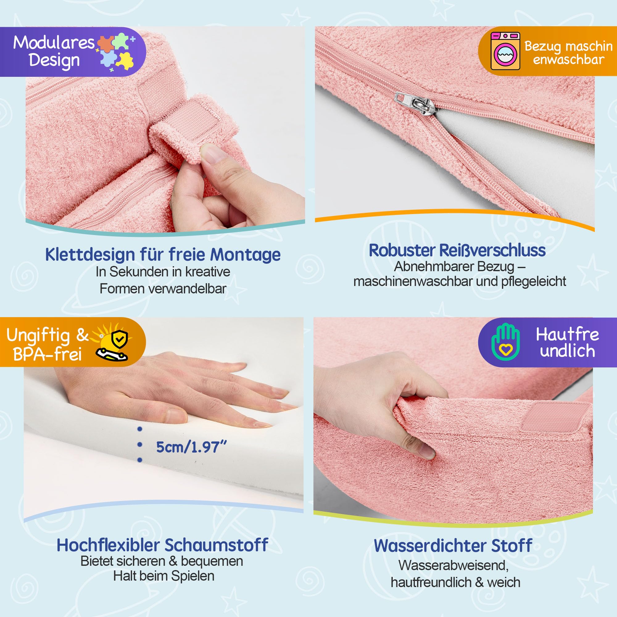 Bällebad ohne Bälle für Baby ab 1 Jahr, 7-in-1 Multifunktionales Schaumstoff Bällepool Ballgruben Kinder, Rosa