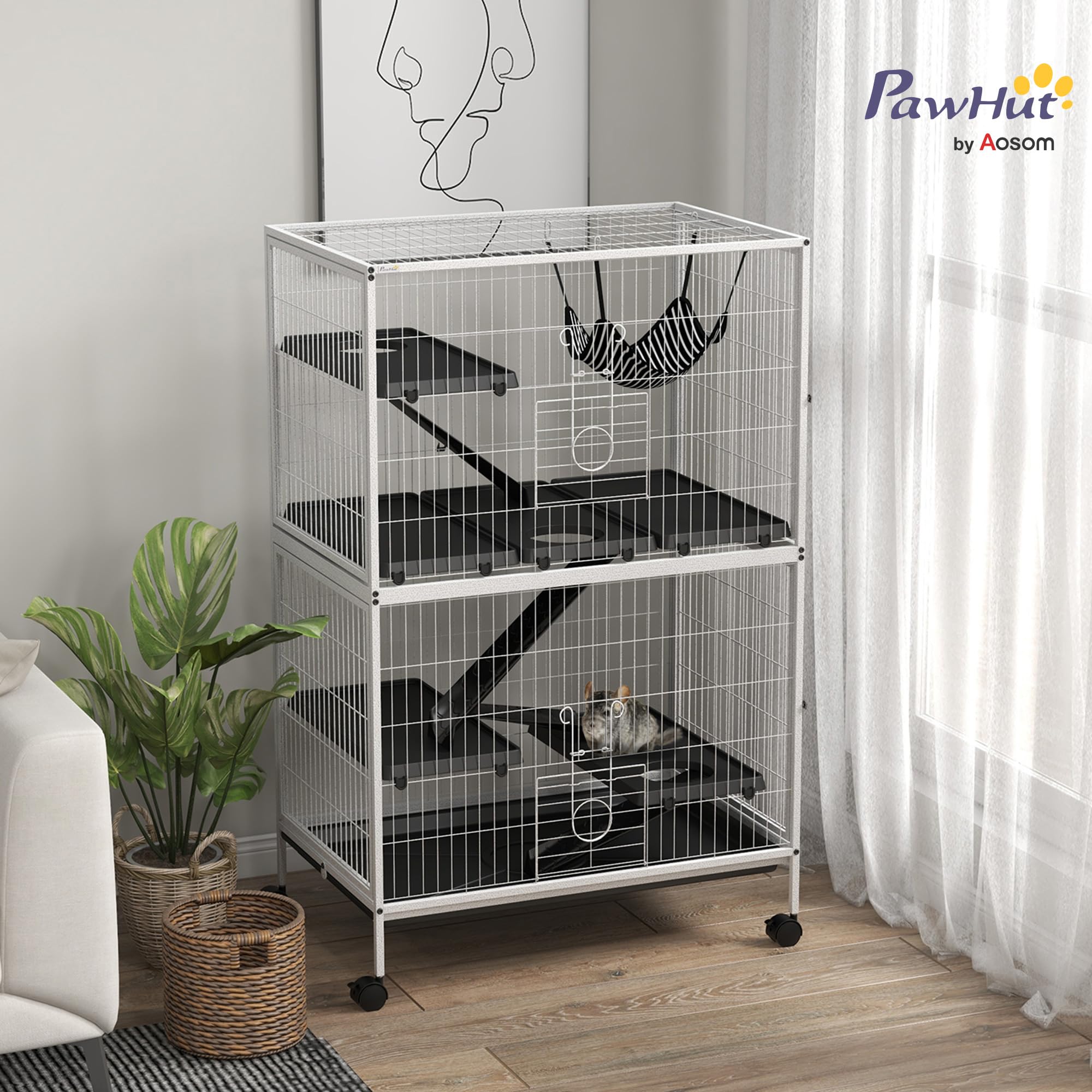 PawHut Gabbia per piccoli animali a 4 livelli, 80 x 52 x 128 cm, bianco | Gabbia per roditori, ruote, rampe, amaca sospesa, vassoio rimovibile, recinto per conigli, cincillà, furetti