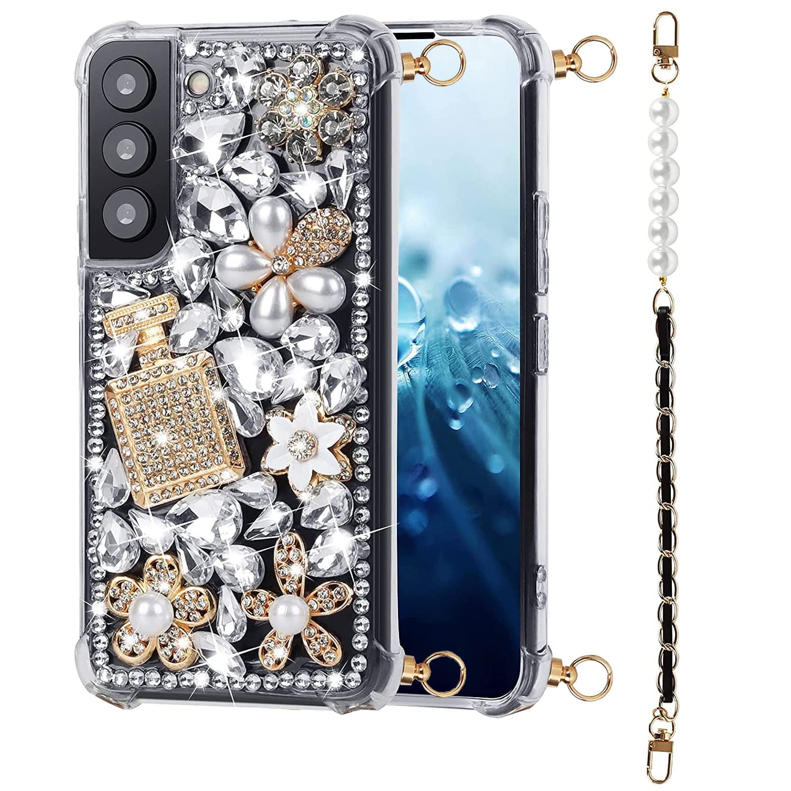 Case for Samsung Galaxy S23 Ultra 5G with Strap, 3D Handmade Sparkle Stunning Stones Crystal Diamond Bling Glitter Phone Case for Galaxy S23 Ultra (Galaxy S23 Ultra, Style1)