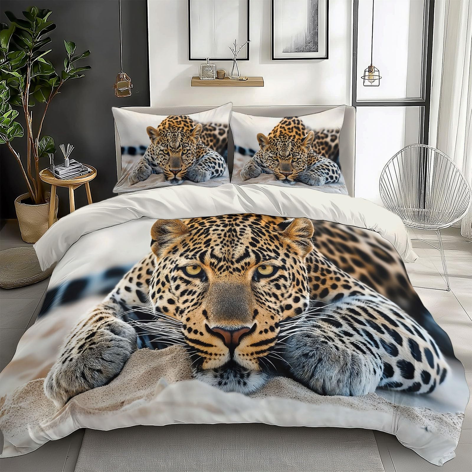 White Duvet Cover Twin Size 2 Pieces Animal Leopard Golden, Bedding Room Decor Bedspread for Kids Teens, Comforter Quilt Cover Bedding Set with Pillow Sham