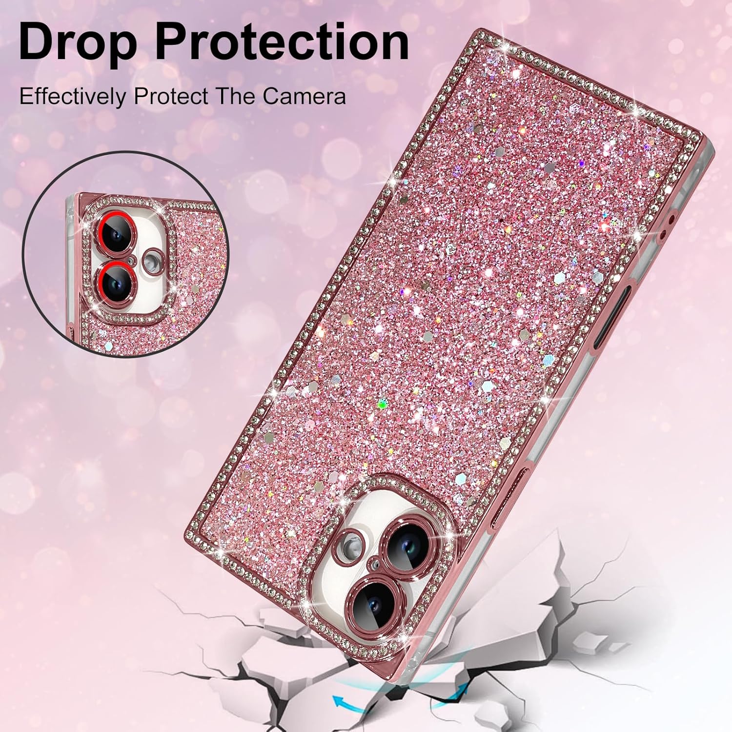 Luxury Glitter for iPhone 16 Rectangle Case with Screen Protector, Crystal Diamond Rhinestones Sequin Bling Sparkly Glossy Cute for Women Soft Shockproof Protective Phone Case, Pink