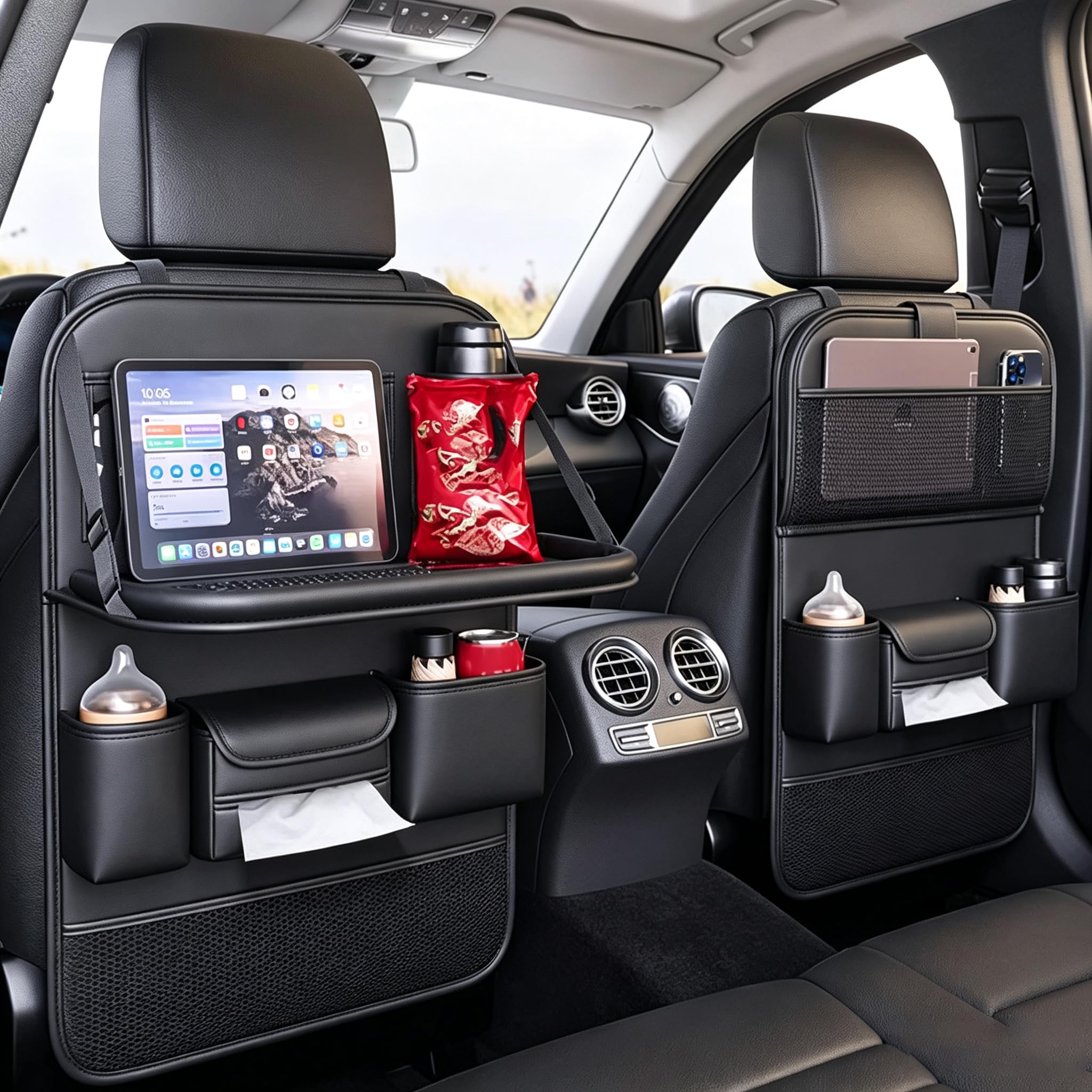Set di 2 organizer per auto per bambini con tavolo pieghevole, organizer per sedile auto per viaggi | Organizer impermeabile per sedile posteriore e protezione schienale, con scomparto per tablet, multifunzione