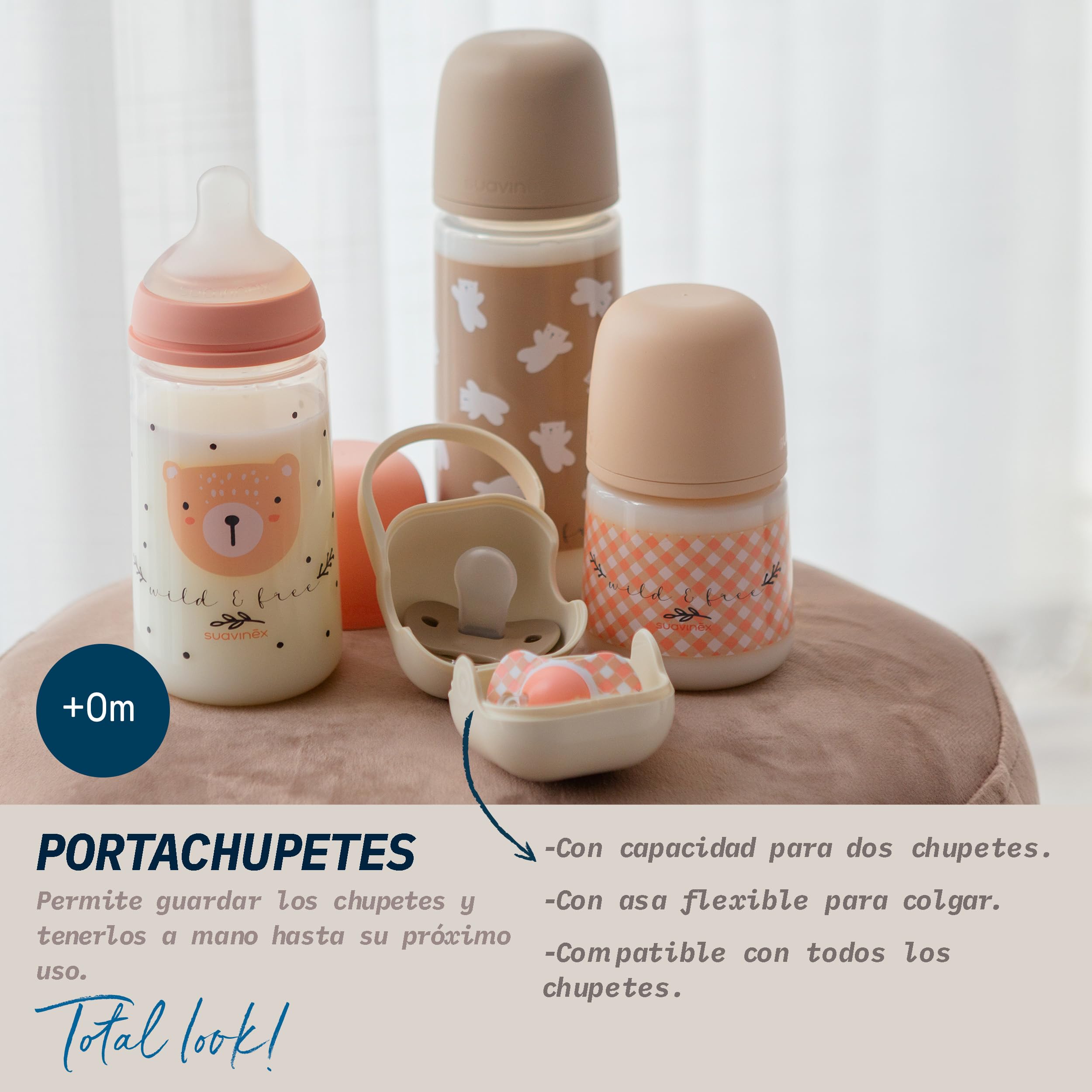 Suavinex, Portachupete Bebé, para Llevar 2 Chupetes, Caja - Funda Resistente y Fácil de Limpiar, con Asita Flexible para Colgar del Bolso, Carro o Cuna, Cierre Seguro, +0 Meses, Wild&Free Beige