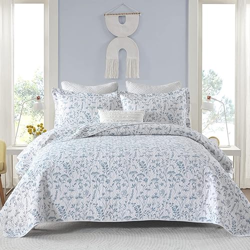 KALOOLA Colchas florales tamaño Queen - Juego de edredón 100% algodón azul, colcha reversible ligera tamaño queen, juego de ropa de cama de granja