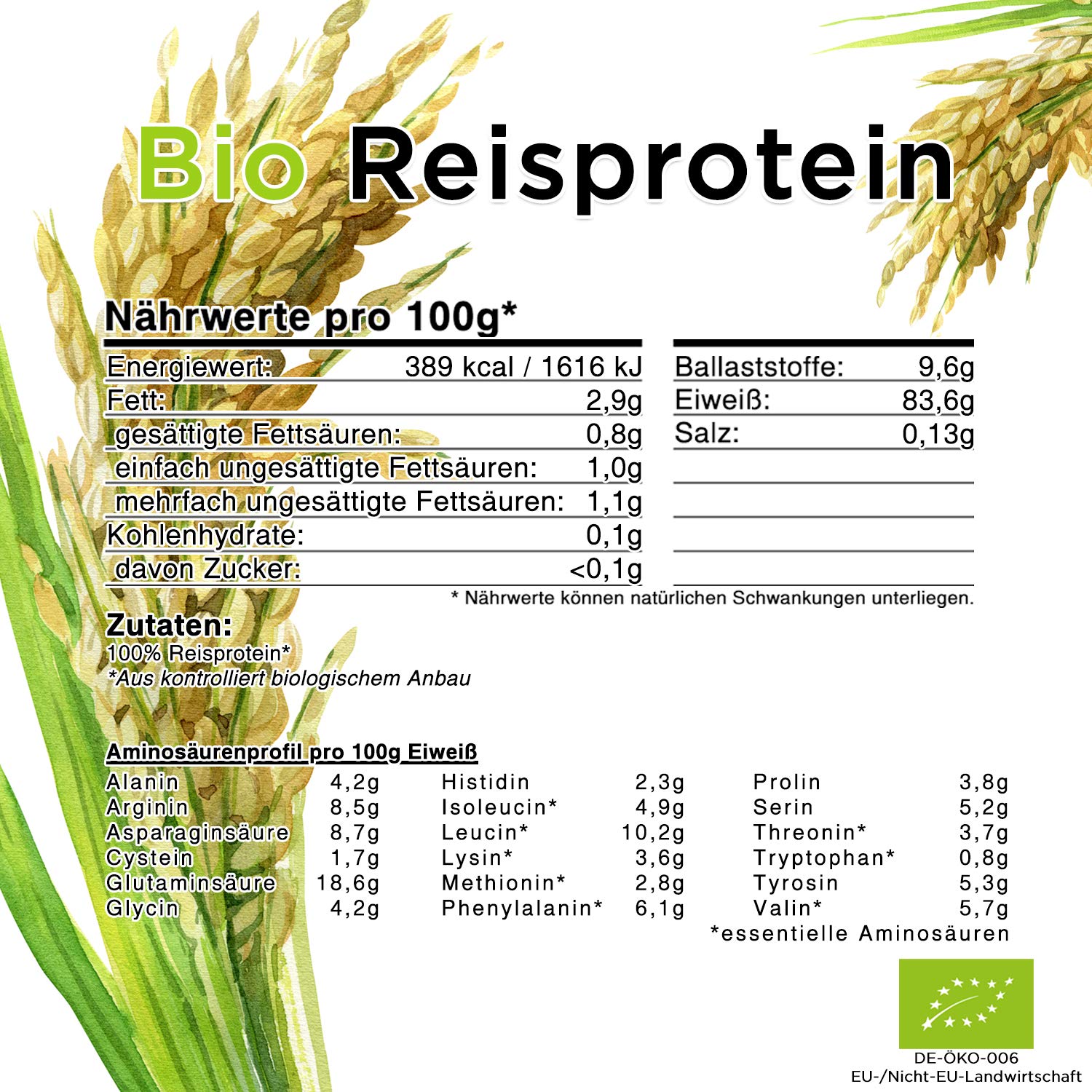 Bio Reisprotein aus EU-Herstellung - 1000g, geprüfte Qualität, schonende Verarbeitung, hoher Proteingehalt