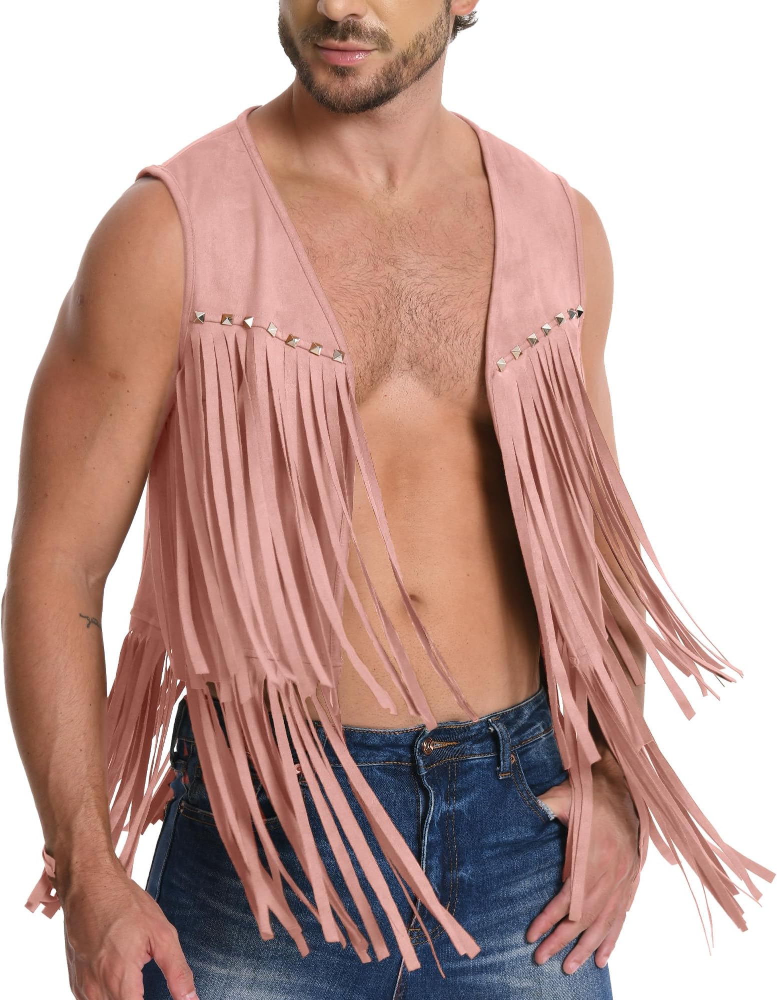 Men's Faux Suede Vest Cowboy Retro Long Fringe Jacket Hippie Sleeveless Jackets S-2XL