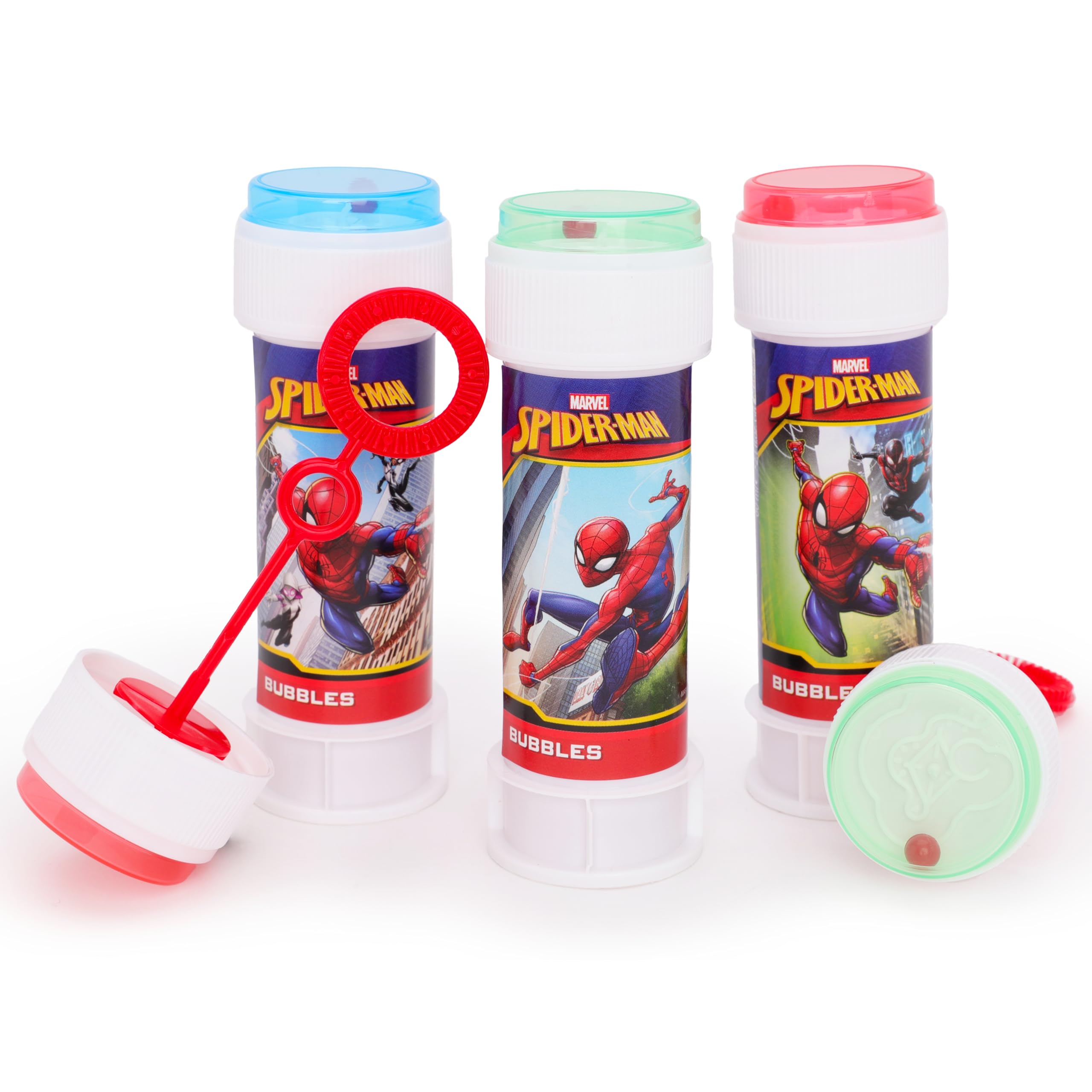 Toyland® Pack de 3 Botes de Burbujas de Spiderman con varitas, solución de 60 ml y Tapa de Laberinto novedoso - Juguetes para bolsitas de Fiesta y Dinero de Bolsillo