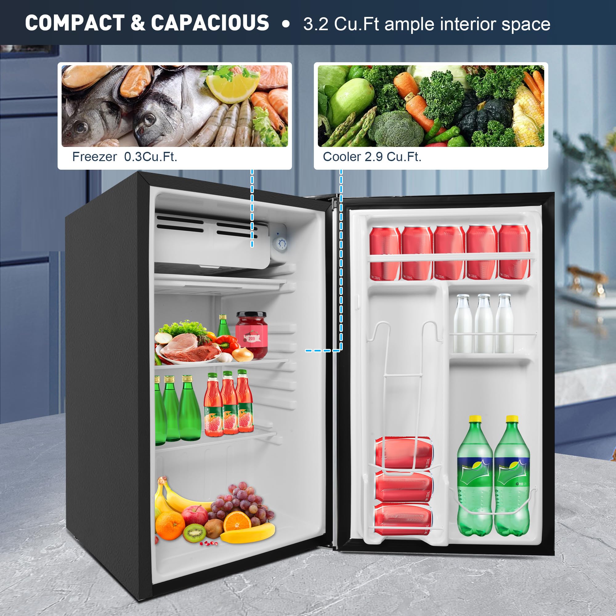 E-Macht 3.2 Cu.Ft. Mini Fridge with Freezer, Single Door Compact Refrigerator,Removable Glass Shelves, Reversible Door, Small Refrigerator for Apartment, Office, Dorm on Fridge.com