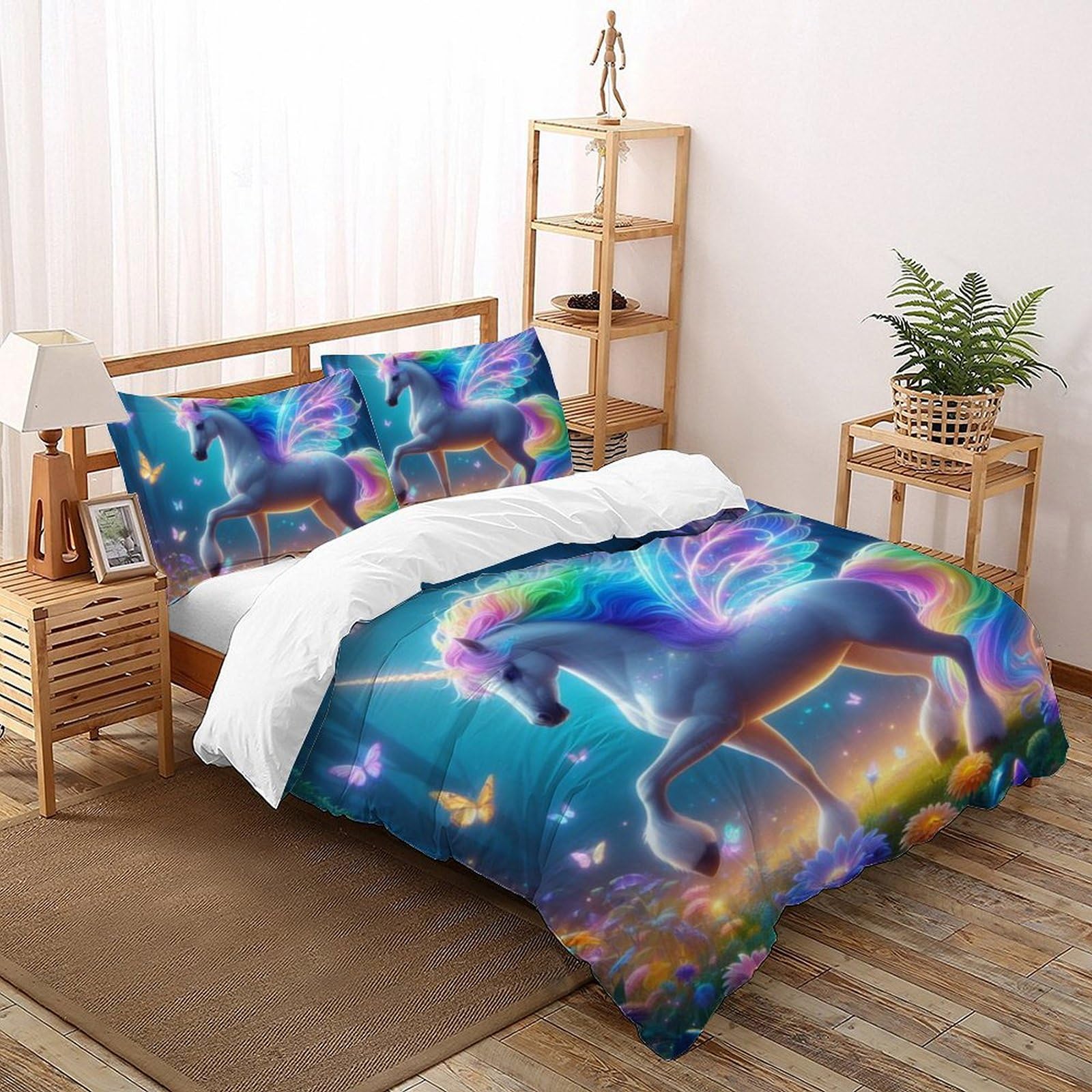 Housse de couette cheval arc-en-ciel 200x200cm anti-plis en microfibre douce pour lit enfant