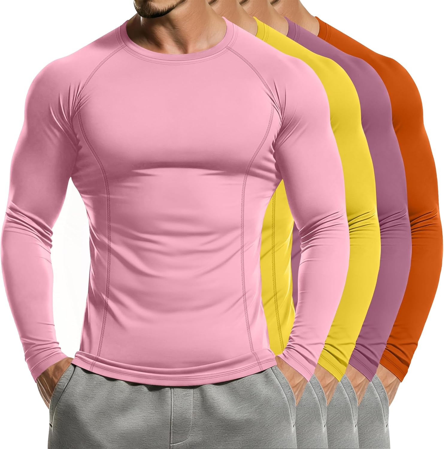Neer 4 Pcs Mens Compression Shirts Raglan Long Sleeve Slim Fit Crew Neck Tops Workout Athletic Cool Dry Base Layer Gym Tees
