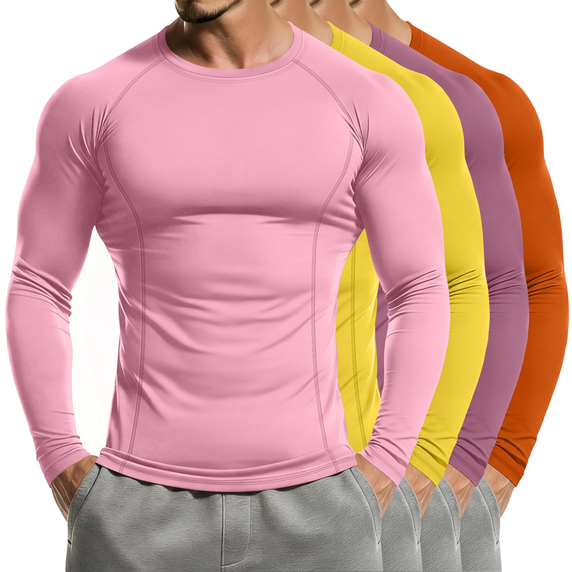 Neer Lot de 4 t-shirts de compression raglan à manches longues et col rond pour homme
