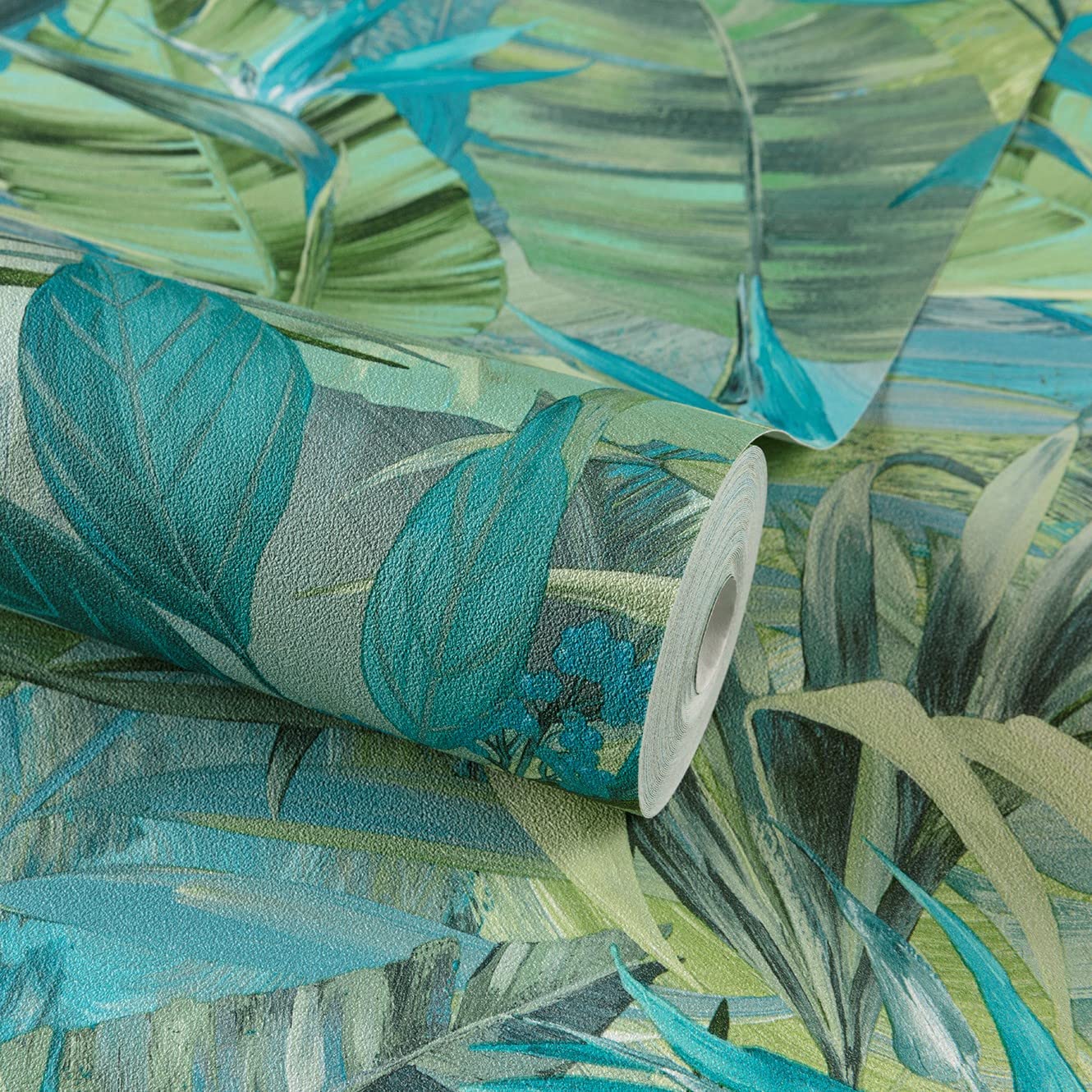 Grandeco Paradise Jungle Wallpaper - Blue & Green Textured Tropical Motif - Bird-of-Paradise Flowers - Paste the Wall - JF3202