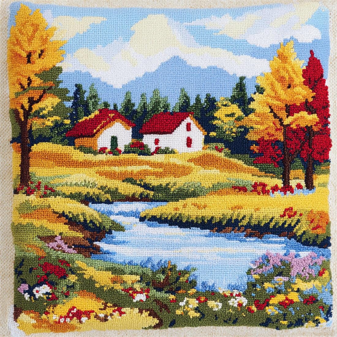 Kitquiver Latch Hook Cushion Kits Forests Cabin Scenery DIY Latch Hook Kits Pillow Printed Cushion Crochet Yarn 3D Embroidery Set Pillowcase Rug Home Decor 17x17In