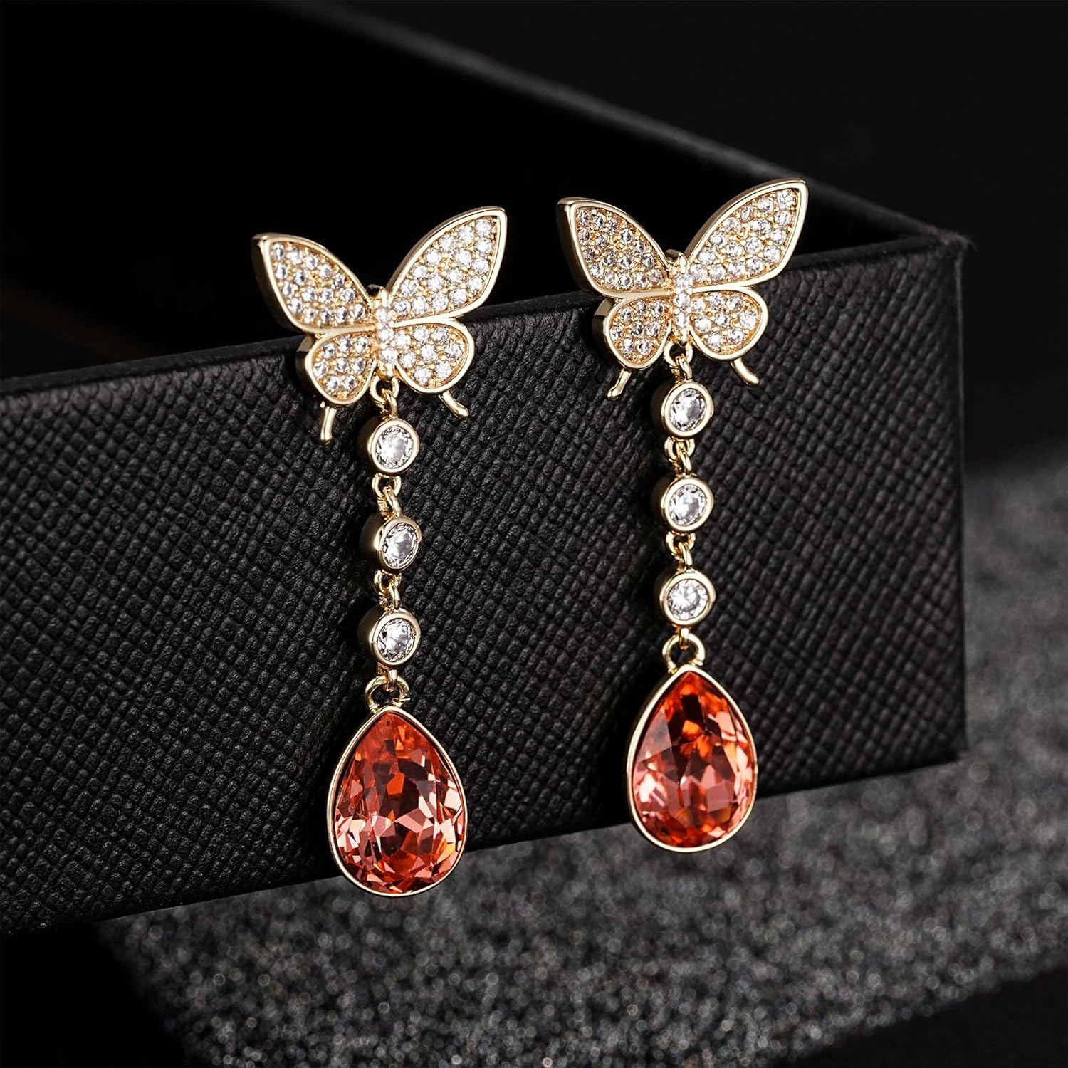 EVEVIC Austrian Crystal Teardrop Butterfly Dangle Stud Earrings for Women 14K Gold Plated Drop Earring Hypoallergenic Jewelry Gifts - Image 4