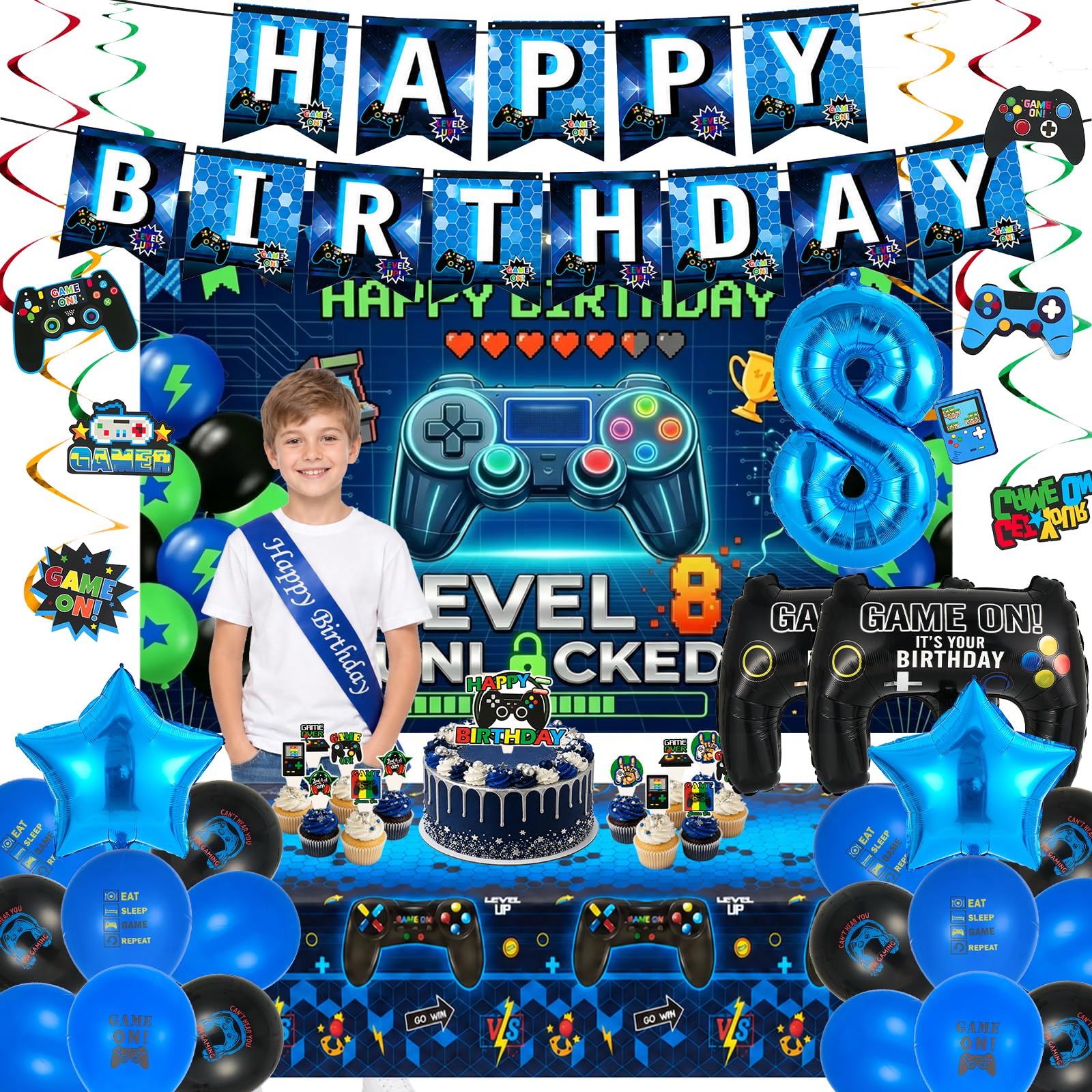 Bafeil 8th Birthday Decorations Blue Video Gaming Party Decor Set for Boys