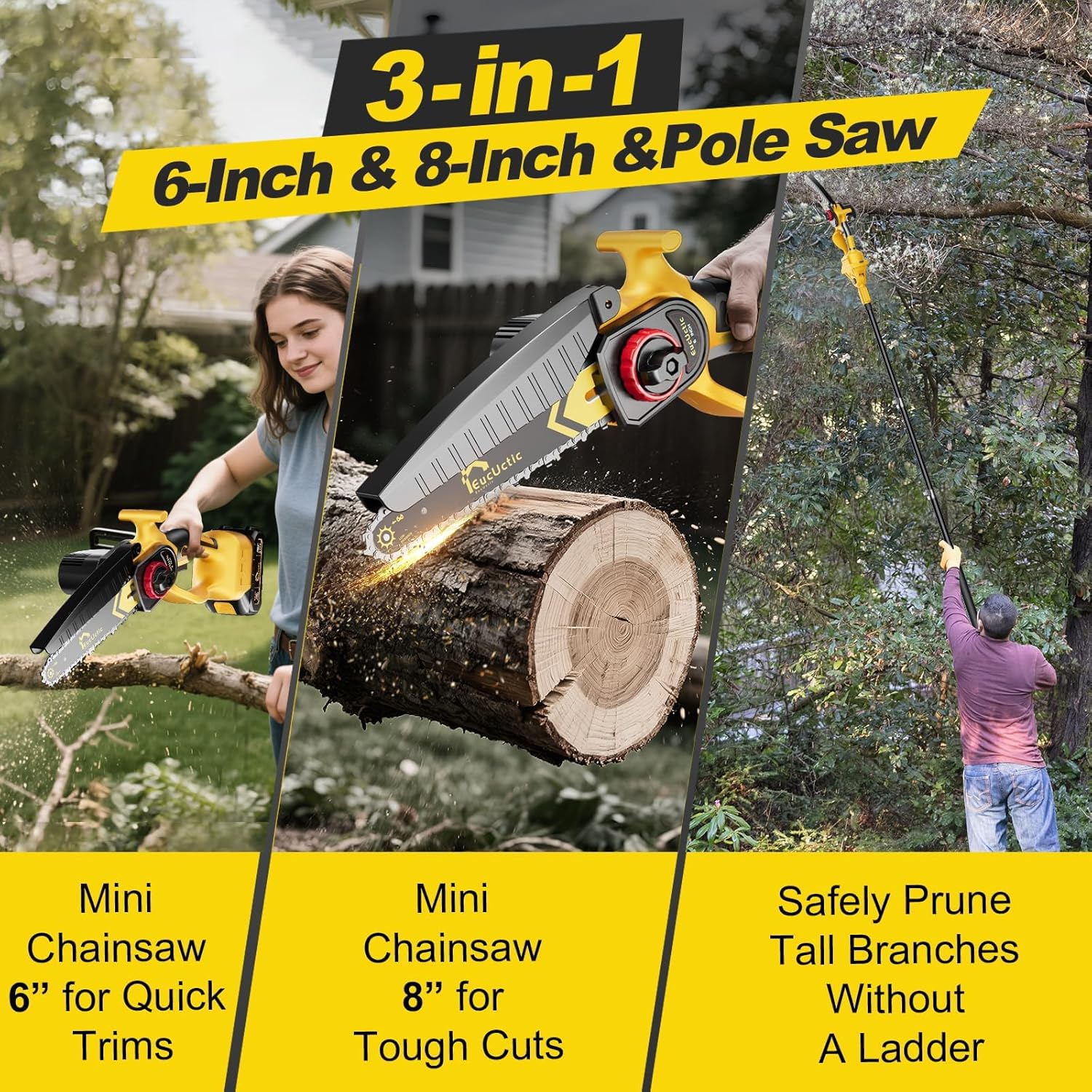 Cordless Pole Saw 3-in-1 with 6&8 Inch Mini Chainsaw, Battery Powered Electric Pole Saw for Tree Trimming with 2×4.0Ah Battery, Lightweight, Up to 14 FT Extendable Pole Saw for Home & Garden & DIY (Missing parts, little damaged, see the pictures)