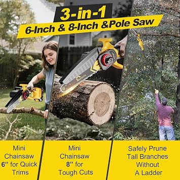 Cordless Pole Saw 3-in-1 with 6&8 Inch Mini Chainsaw, Battery Powered Electric Pole Saw for Tree Trimming with 24.0Ah Battery, Lightweight, Up to 14 FT Extendable Pole Saw for Home & Garden & DIY