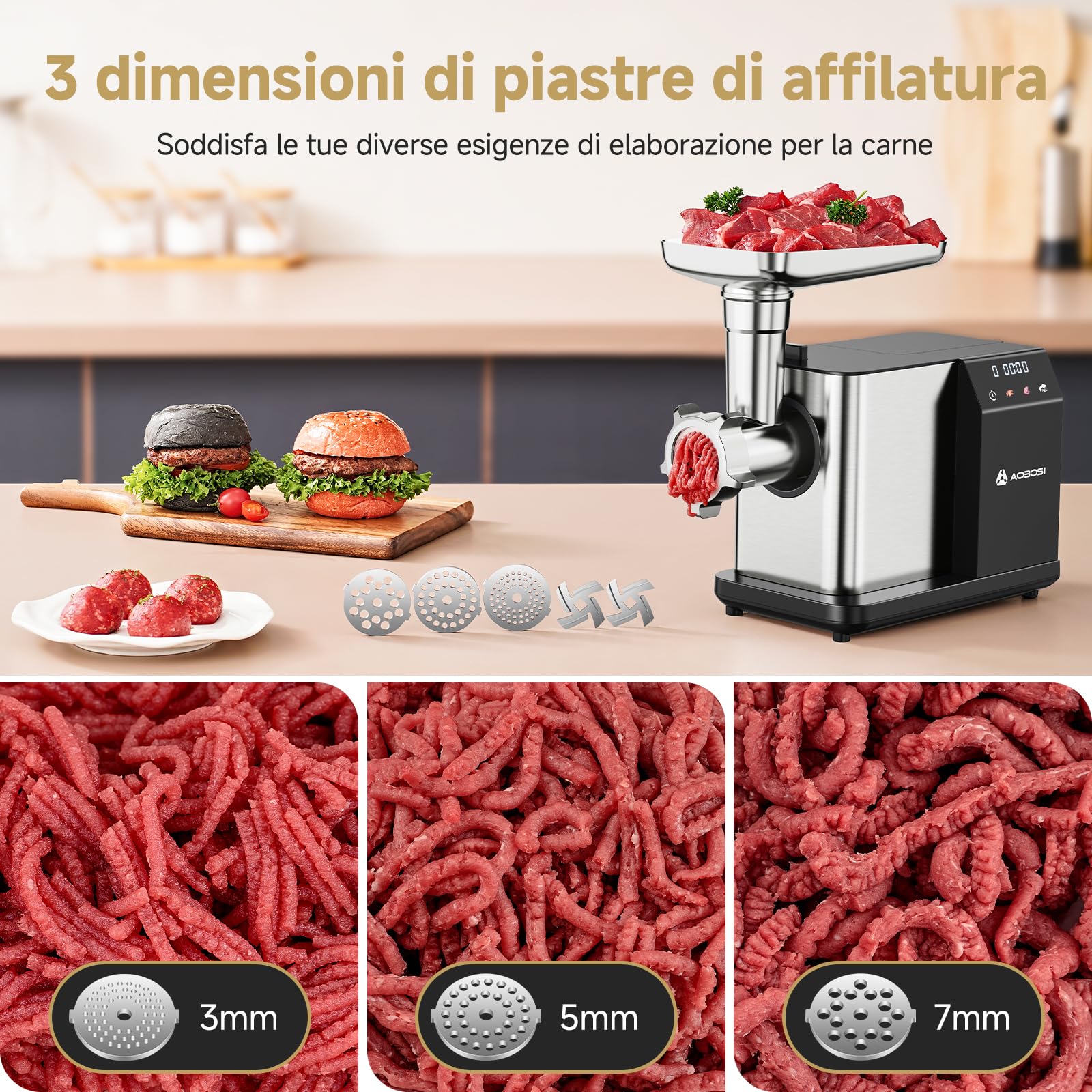 AAOBOSI Tritacarne Elettrico [3000W MAX] Con Display LED, 3 Velocità, Tritacarne Con Sistema Anti-Ostruzione,Scatola Portaaccessori Interna, Può Fare Salsicce & Kibbe, Ideale Per Casa