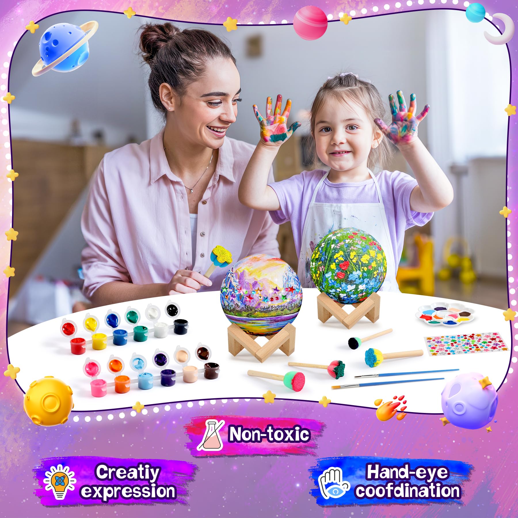 Pourbibi Kit Lampada Luna 3D Set Pittura, Lavoretti Creativi Bambini 6-11 Anni, Giochi e Luce Notturna per Pittura 3D, Set di artigianato regalo di compleanno per ragazze 6 7 8 9 10 11 12 anni