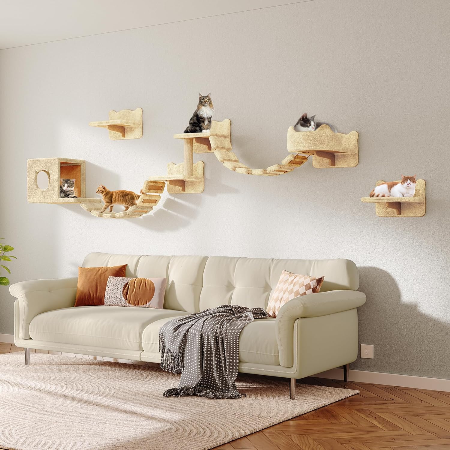 9-in-1 Cat Wall Shelves, Stable & Safe Wall Mounted Cats Shelf Furniture Set with Plush Fabric, Wooden Cat Climbing Wall Systems with Scratching Post, Bridge Ladder, Floor Space-Saving, Beige