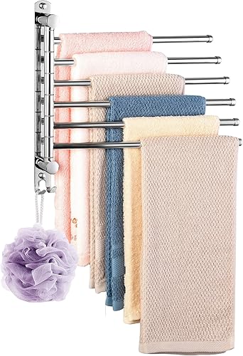 Toallero giratorio, toallero con rotación de 180 montado en la pared, 6 brazos de acero inoxidable SUS 304, ahorro de espacio para cocina, baño,