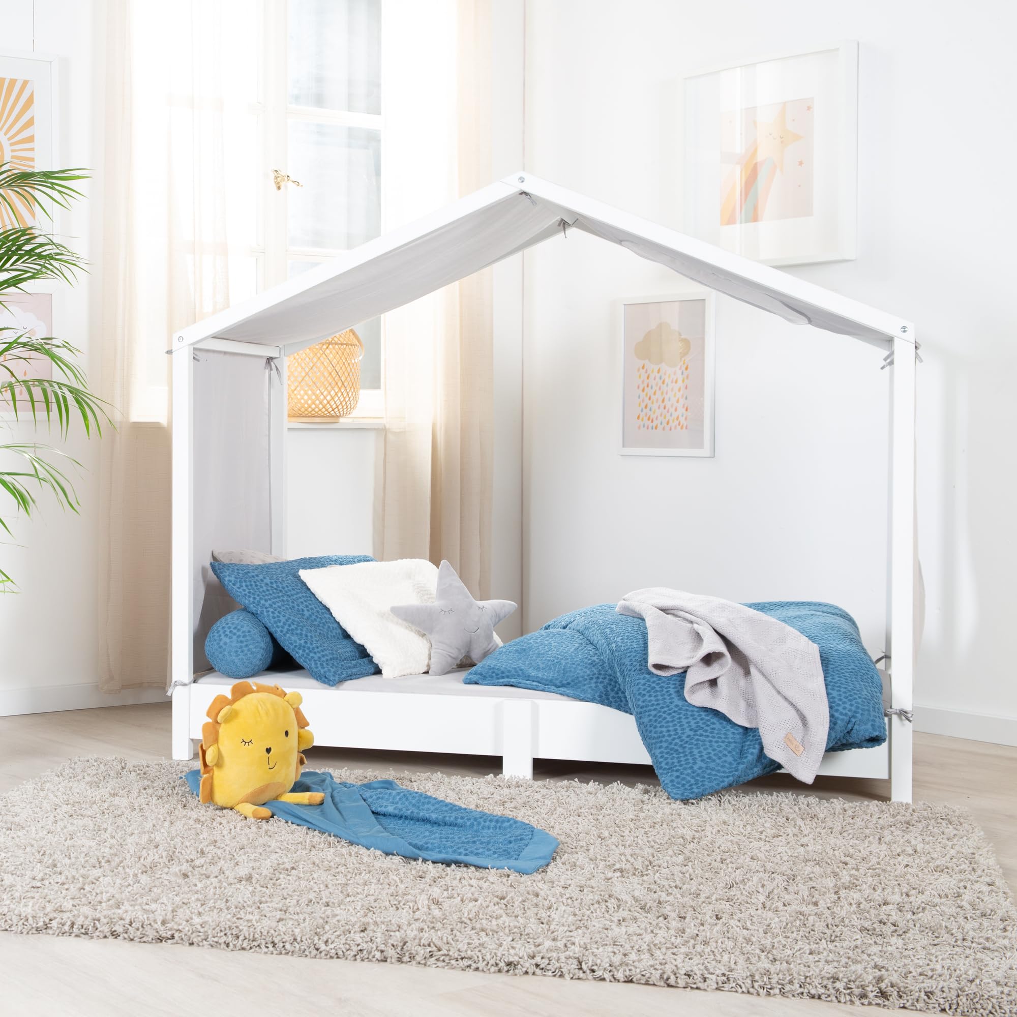 roba Cama de casa 70 x 140 cm con somier - Cama infantil baja según el principio Montessori - Ampliable con funda de cama - Madera lacada en blanco