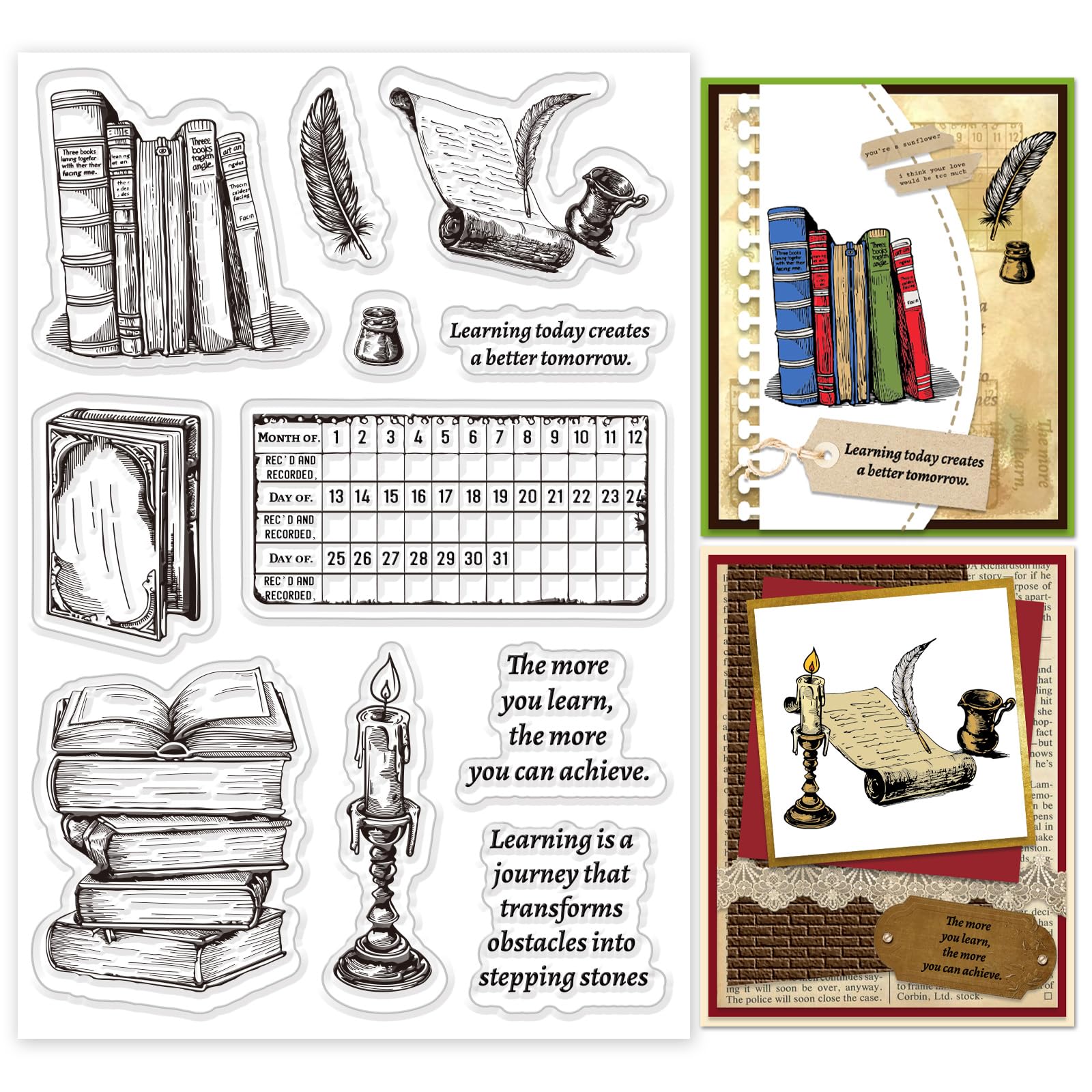 INFUNLY Vintage Learning Clear Stamp for DIY 4.3"×6.3" Book Transparent Stamps Study Clear Rubber Stamps Calendar Silicone Clear Stamps Retro Words Silicone Stamp for Card Making Scrapbooking