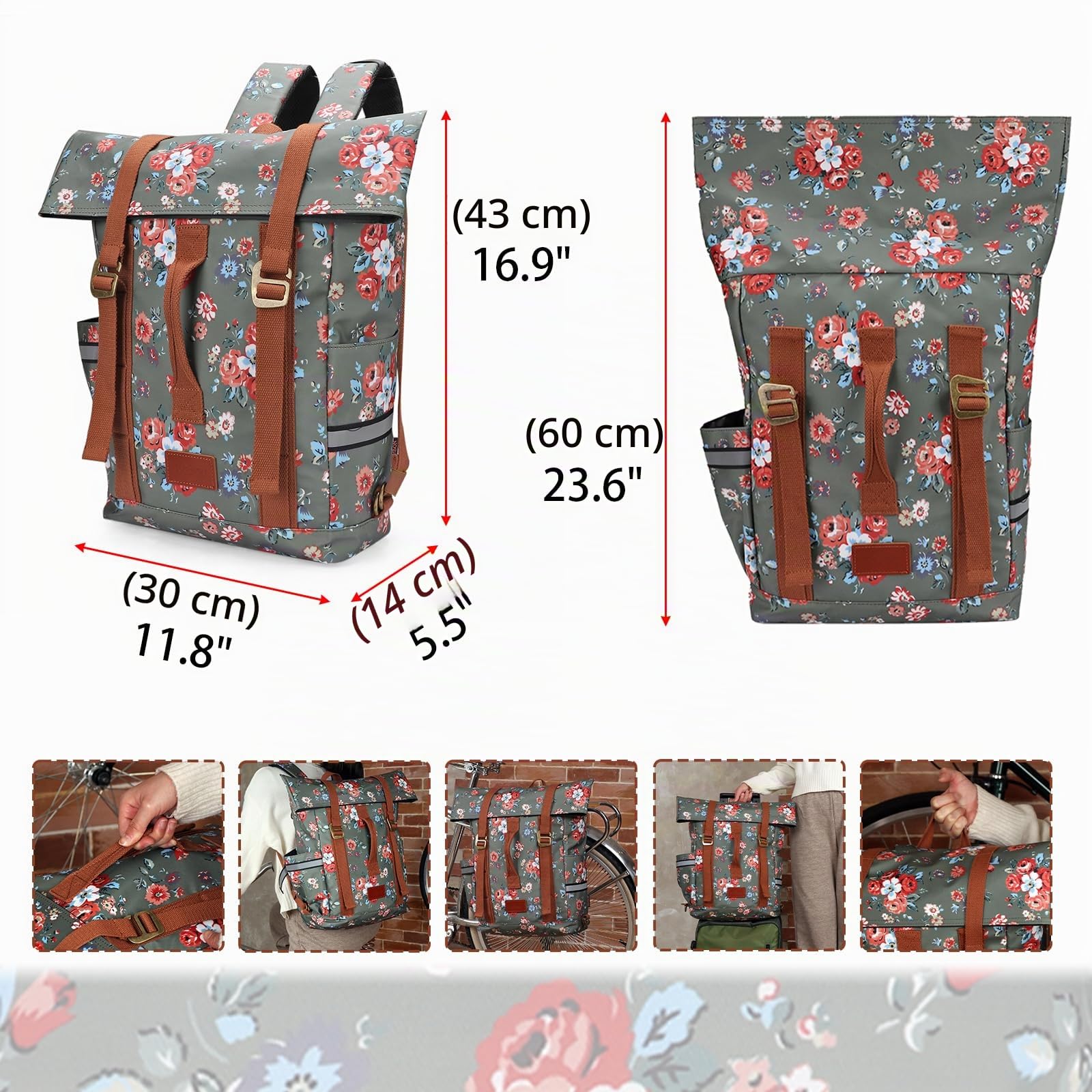 Tourbon, zaino impermeabile in tela per bicicletta, portatile, da viaggio, per la scuola, per viaggi all'aperto, guida