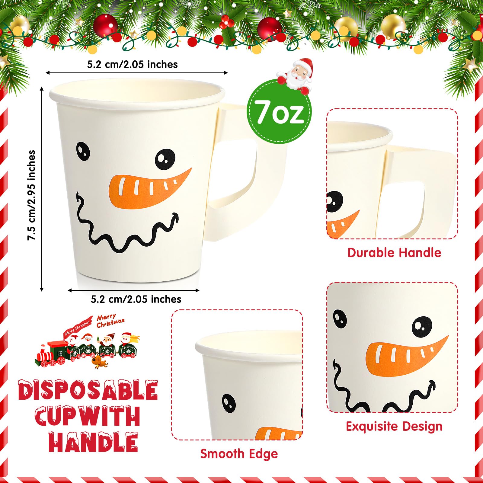 Maxcheck 120 tazze natalizie con manici, 200 ml, usa e getta, di carta natalizia, con pupazzo di neve, per bevande e tè, per l'inverno, caffè, cioccolata, feste (pupazzo di neve)
