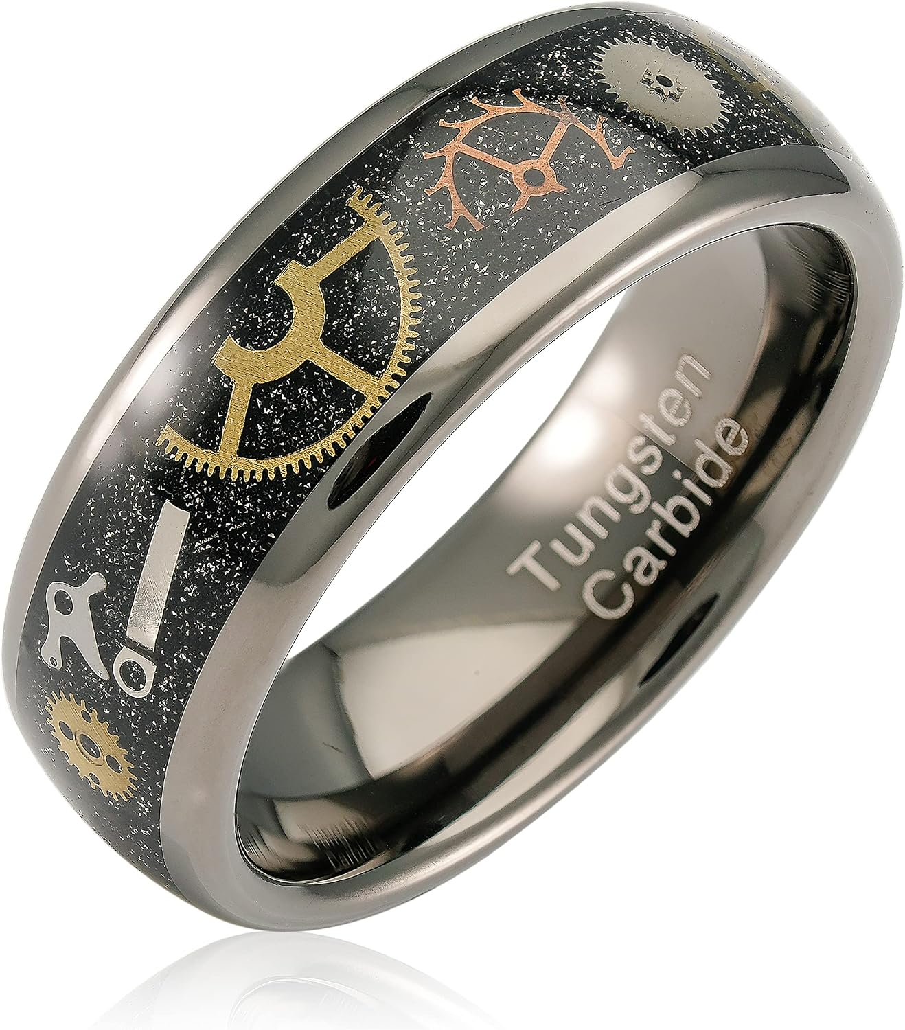 100S JEWELRY Gunmetal Gray Steampunk Rings For Men Real Gear Inlay Tungsten Wedding Promise Engagement Band Size 6-16