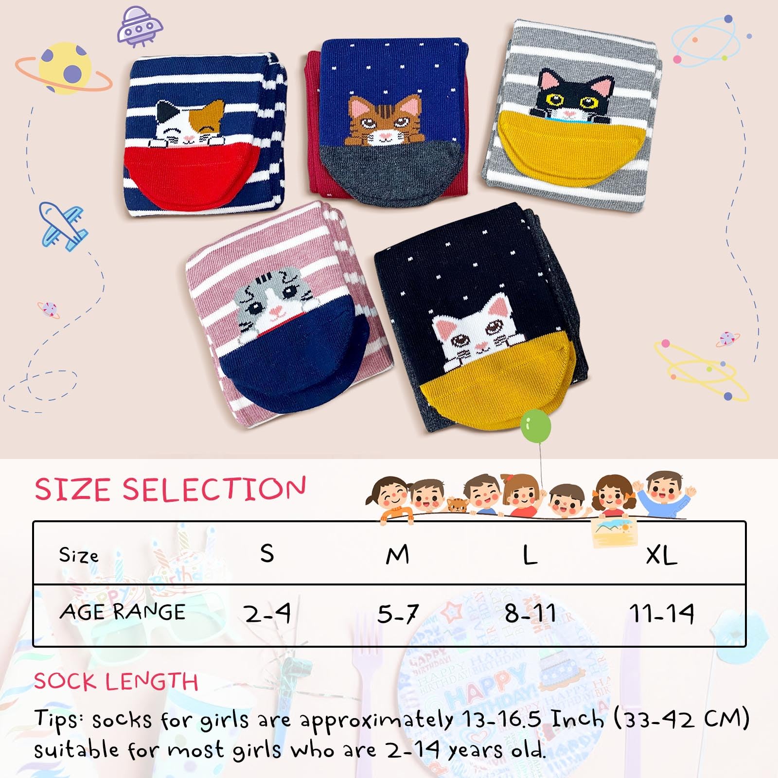 Artfasion Calcetines altos hasta la rodilla para niñas: calcetines largos divertidos de dibujos animados, transpirables, sin costuras, para niños de 2 a 14 años